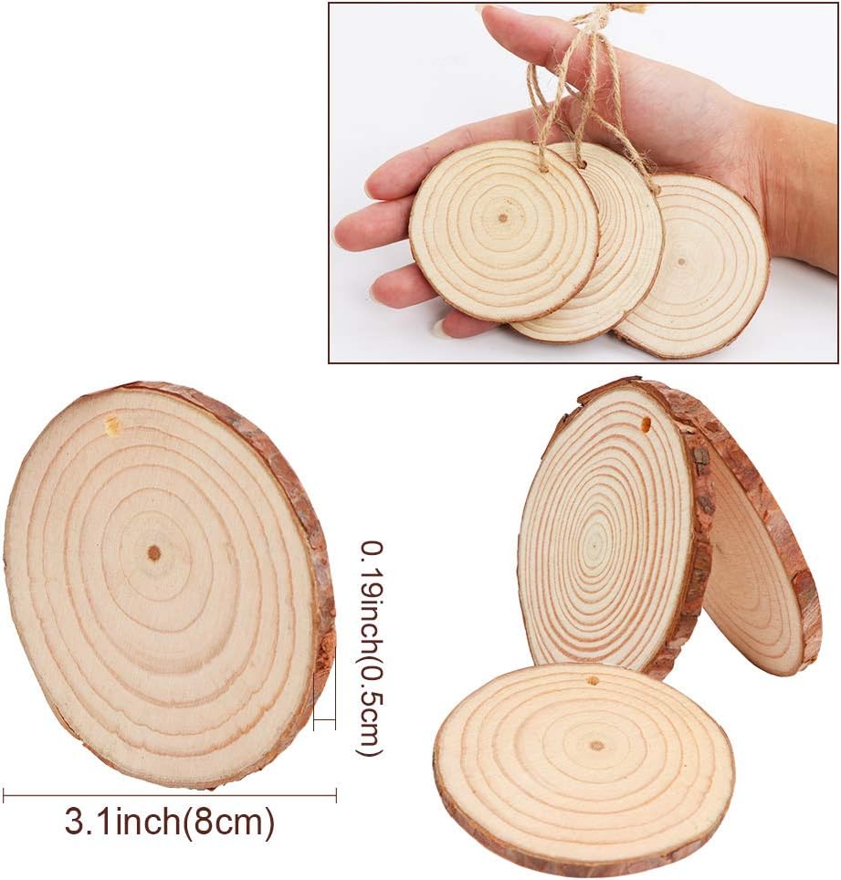 Natural Wood Slices 50 Pcs 2.7-3.1 Inches Craft Wood Kit Unfinished Predrilled with Hole Wooden Circles Tree Slices for Arts and Crafts Christmas Ornaments DIY Crafts