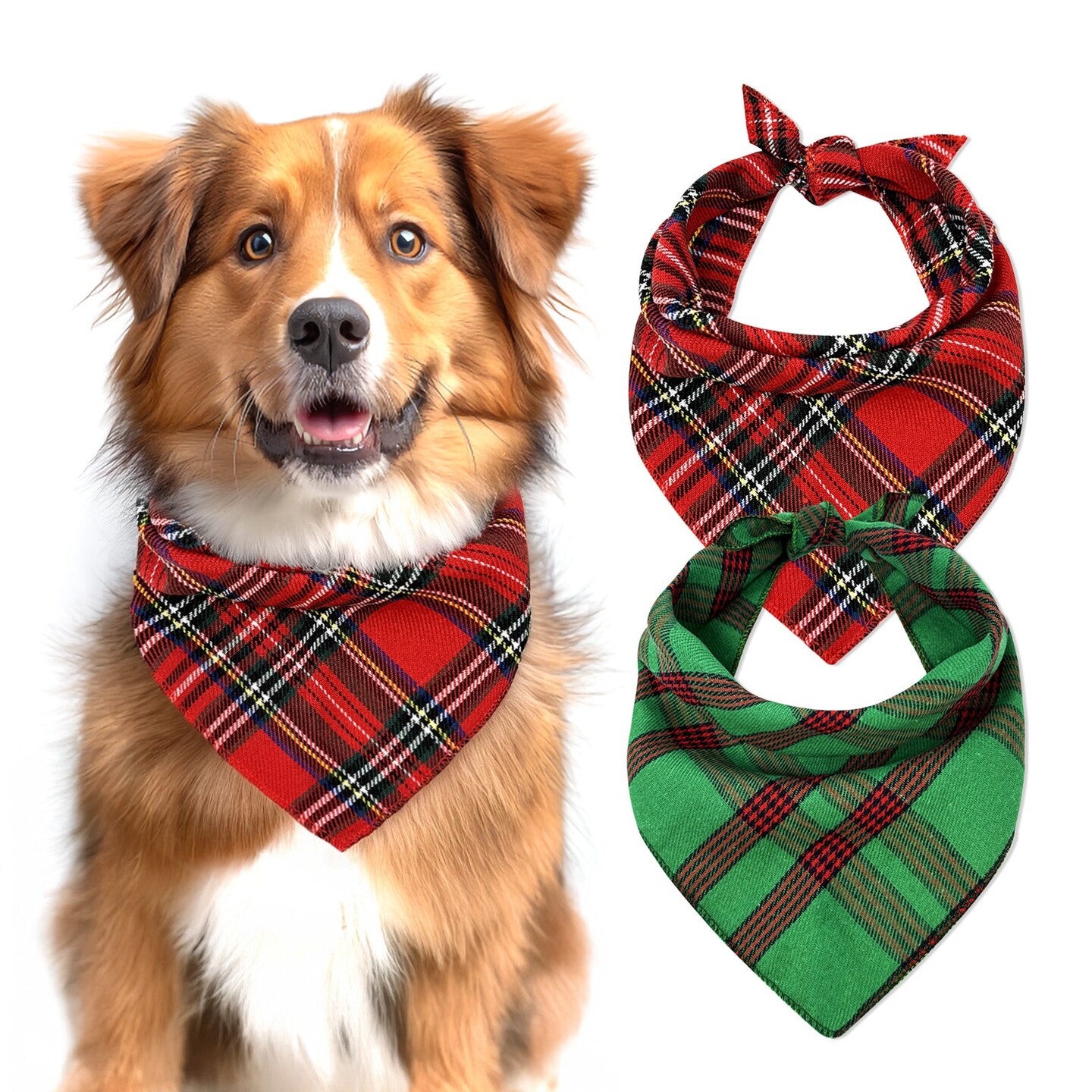 Wrapables Christmas Pet Triangle Bandana, Bib Scarves For Cats and Dogs (Set of 2), Small, Classic Plaid