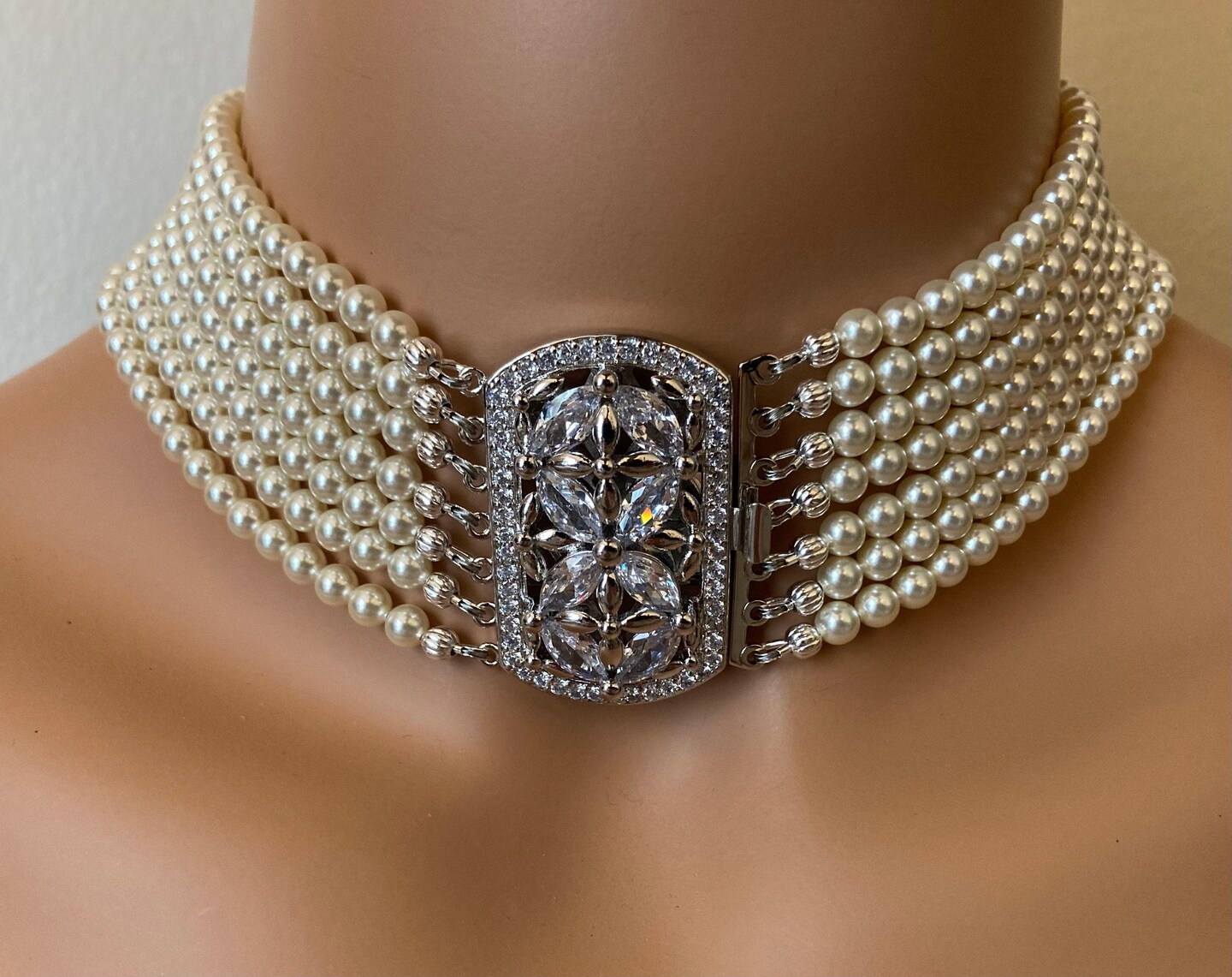 Pearl Choker Earrings Set Queen Camilla strand choker with huge  rhinestone clasp Art Deco Princess Diana Choker inspired by Royal Jewelry 