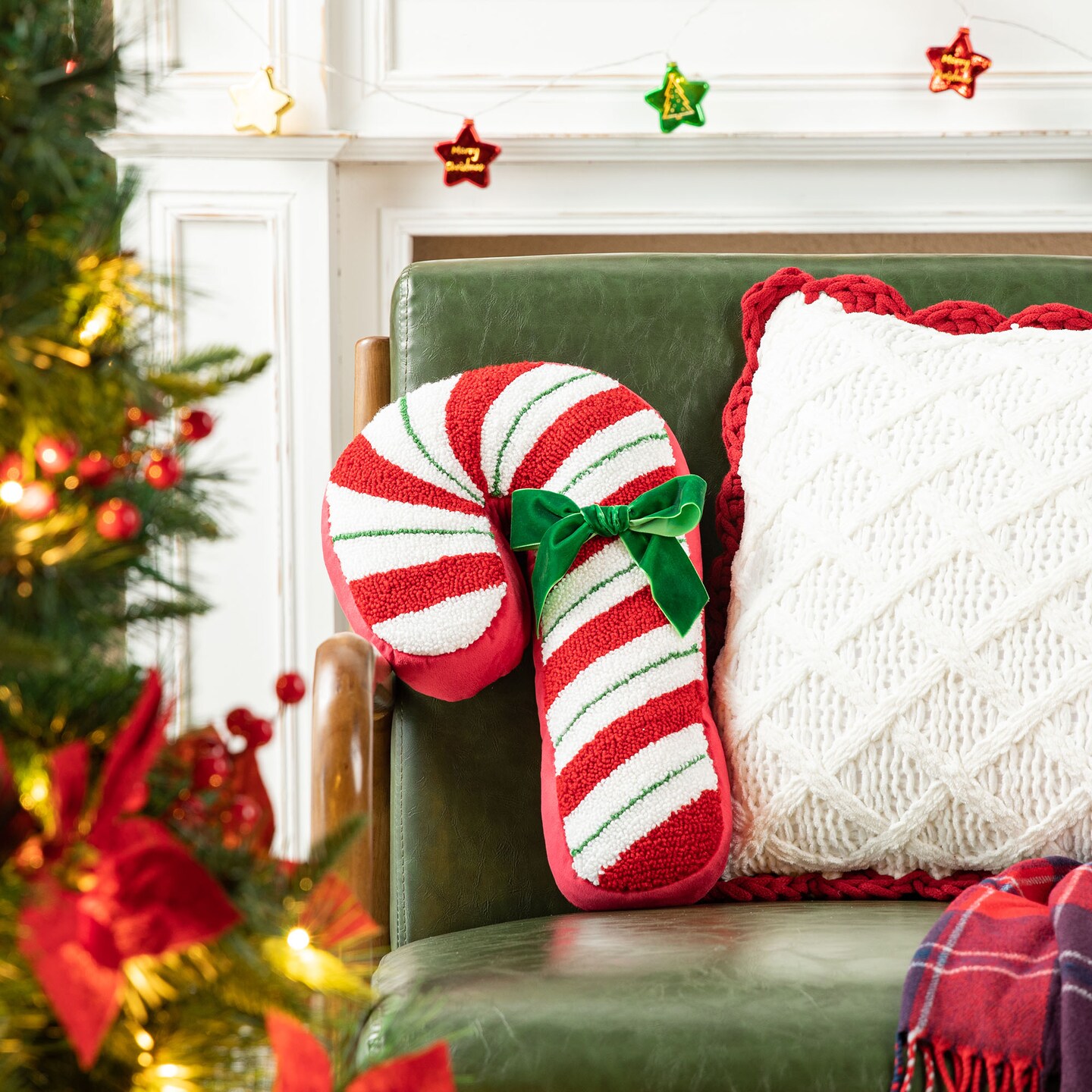 15.75&#x22;H Hooked Christmas Candy Cane Shaped Pillow