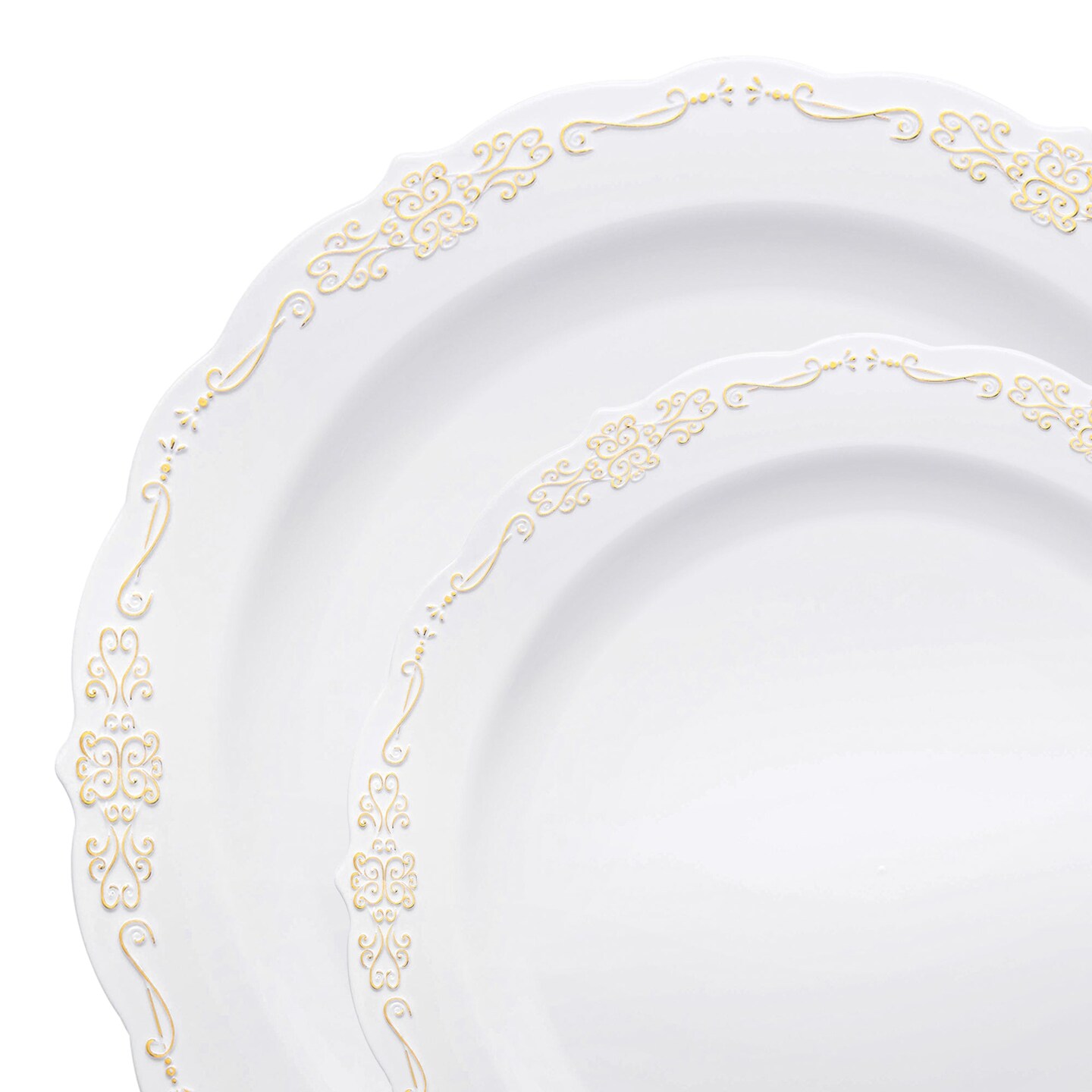 White with Gold Vintage Rim Round Disposable Plastic Dinnerware Value ...