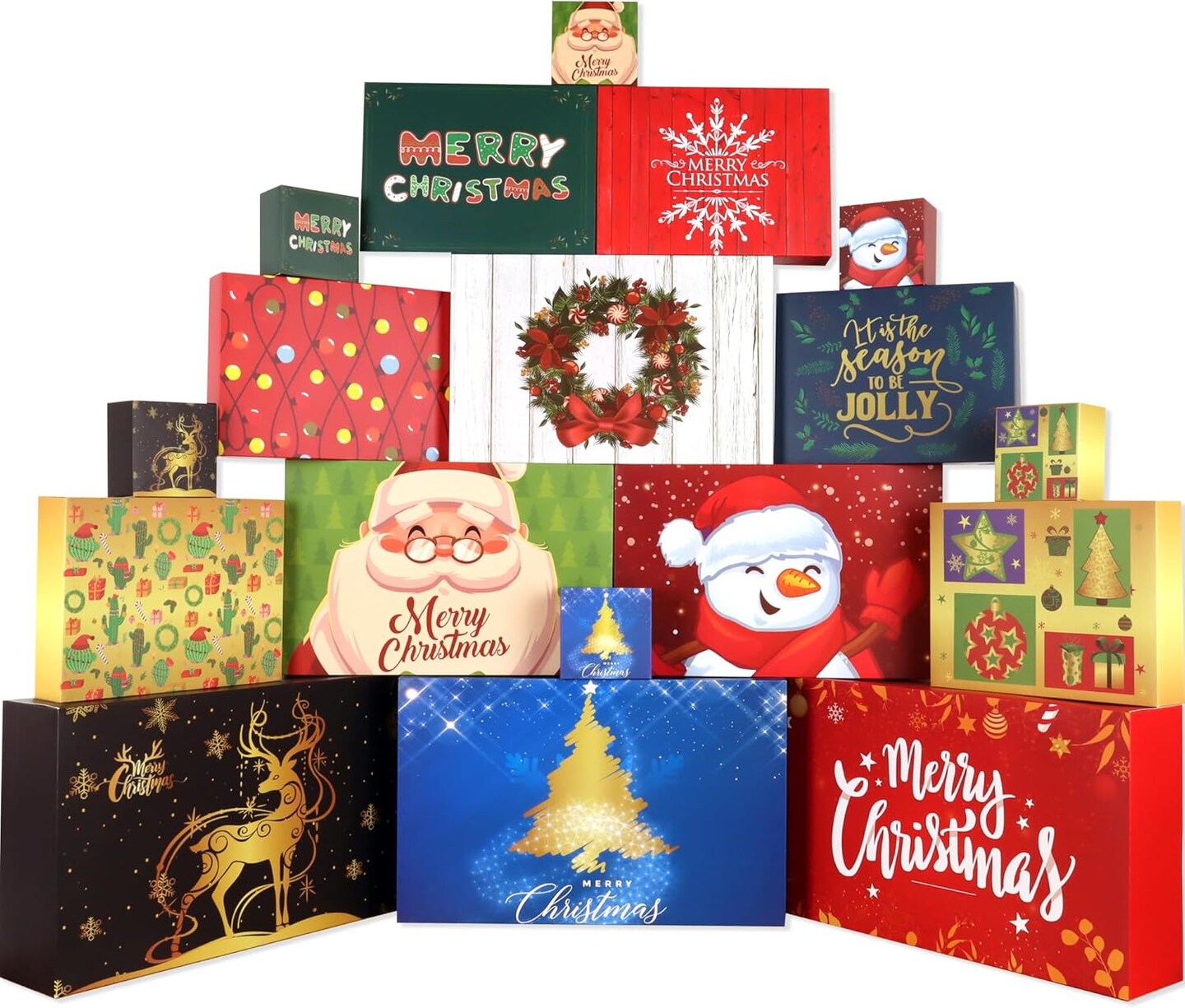 18 Gift Boxes with Lids for Presents, Assorted Christmas Wrapping Boxes for Extra Large Clothes, 12 Designs 4 Size Christmas Robes Shirt Box for Sweater, Xmas Holiday Present Box with 18 Gift Stickers