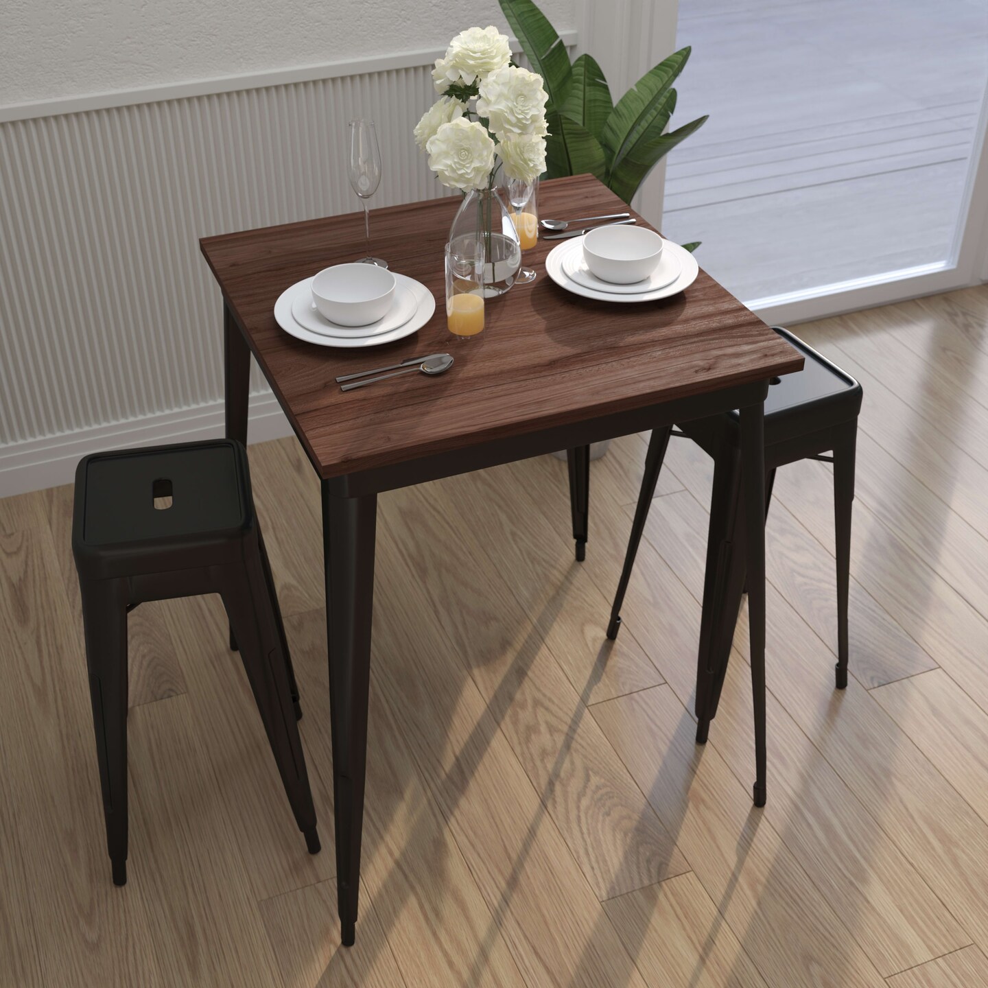 Merrick Lane Ardennes 31.5 Steel Indoor Contemporary Table With Square Rustic Wood Top