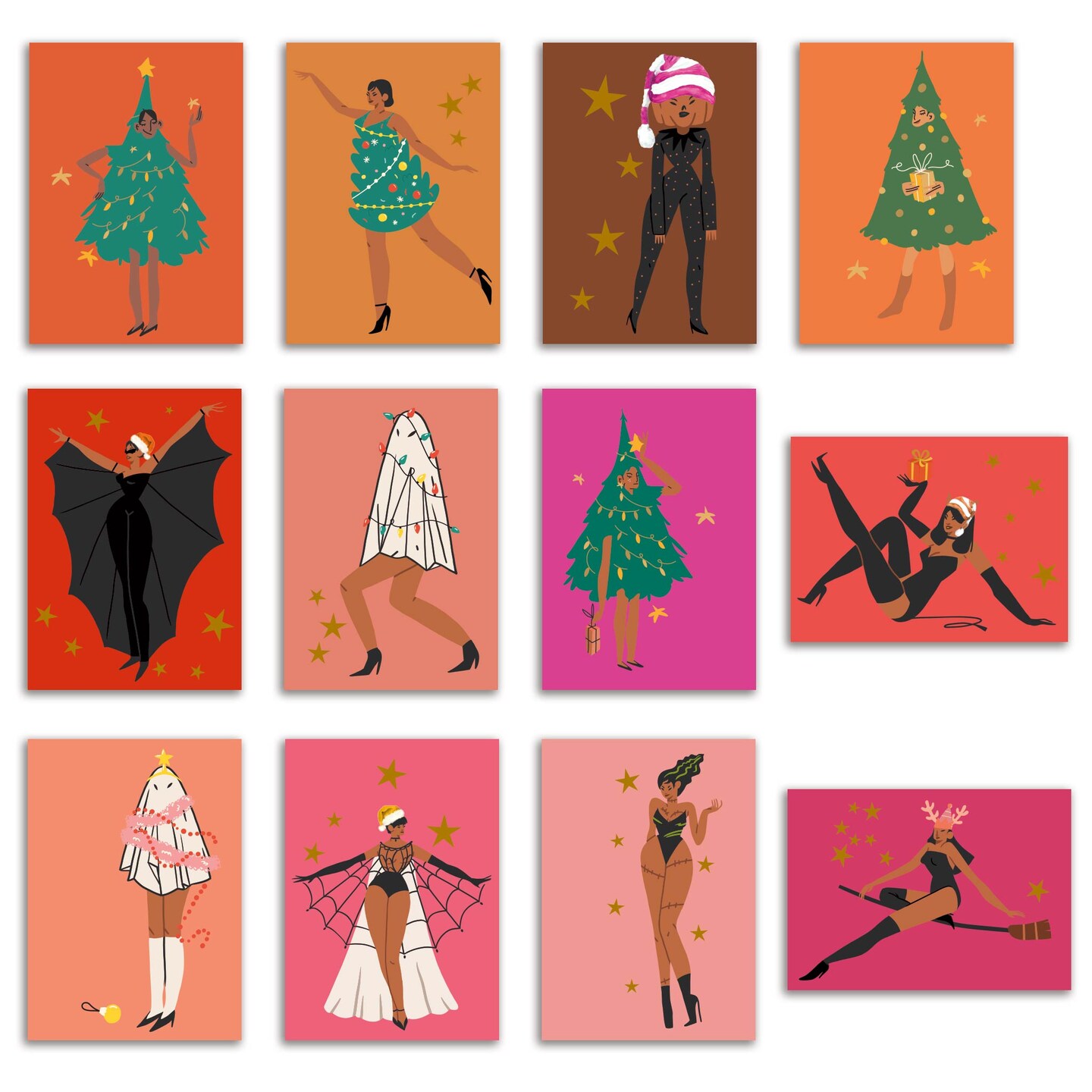 Fashion Christmas Cards - 24-Pack Holiday Greeting Cards with 12 Stylish and Playful Festive Outfits, Perfect for Sharing Merry Christmas &#x26; Holiday Wishes, Blank Inside for Personalized Messages - Bold and Unique Stationery Set
