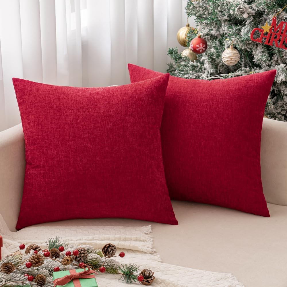 Pack of 2 Christmas Red Couch Throw Pillow Covers 18x18 Inch Soft Chenille Pillow Covers for Sofa Living Room Solid Dyed Pillow Cases