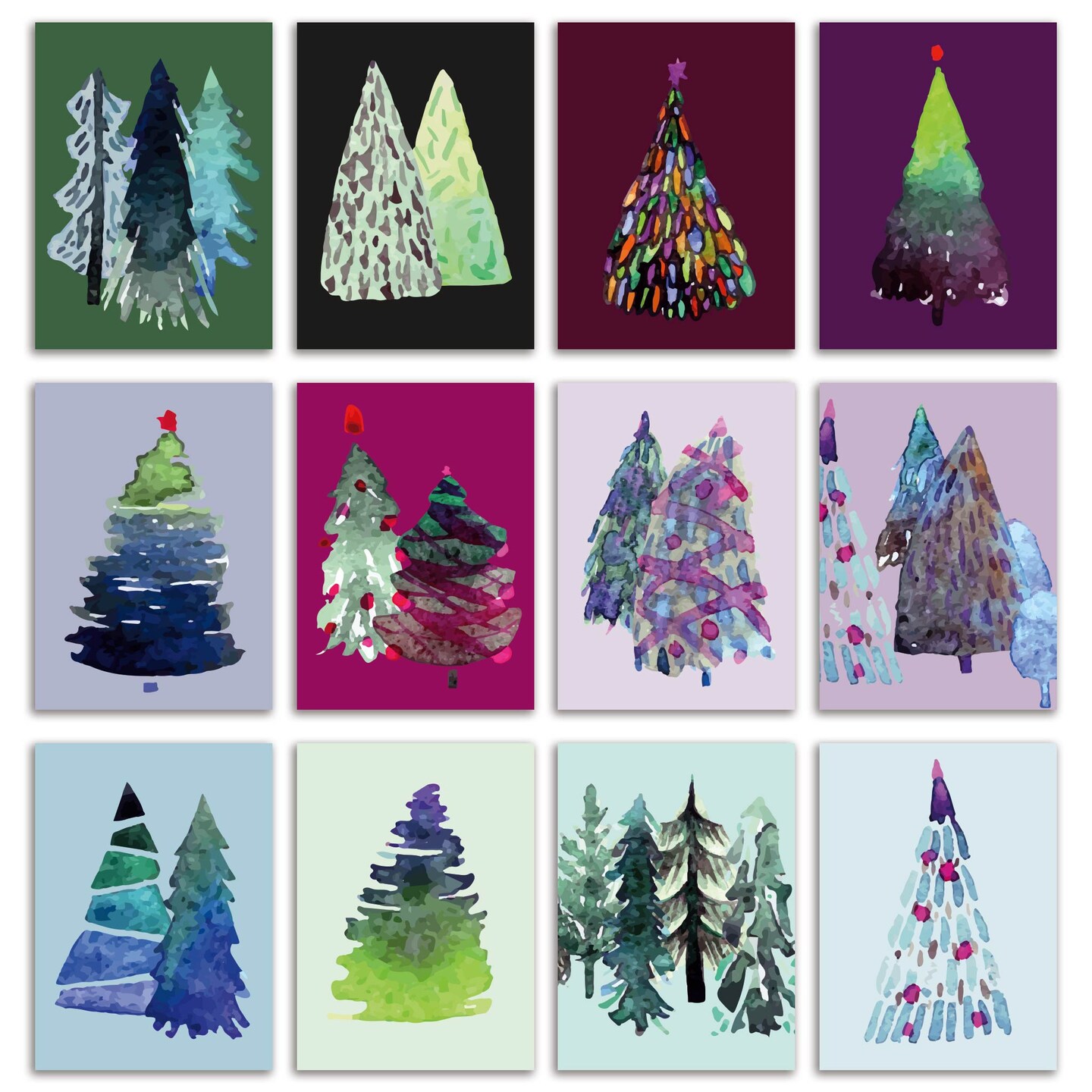 Whimsical Watercolor Christmas Tree Greeting Cards - 24-Pack Holiday Note Cards in 12 Unique Tree Designs, Blank Inside, Perfect for Sending Merry Christmas &#x26; Happy Holiday Wishes - Artistic Festive Stationery Set for Seasonal Cheer