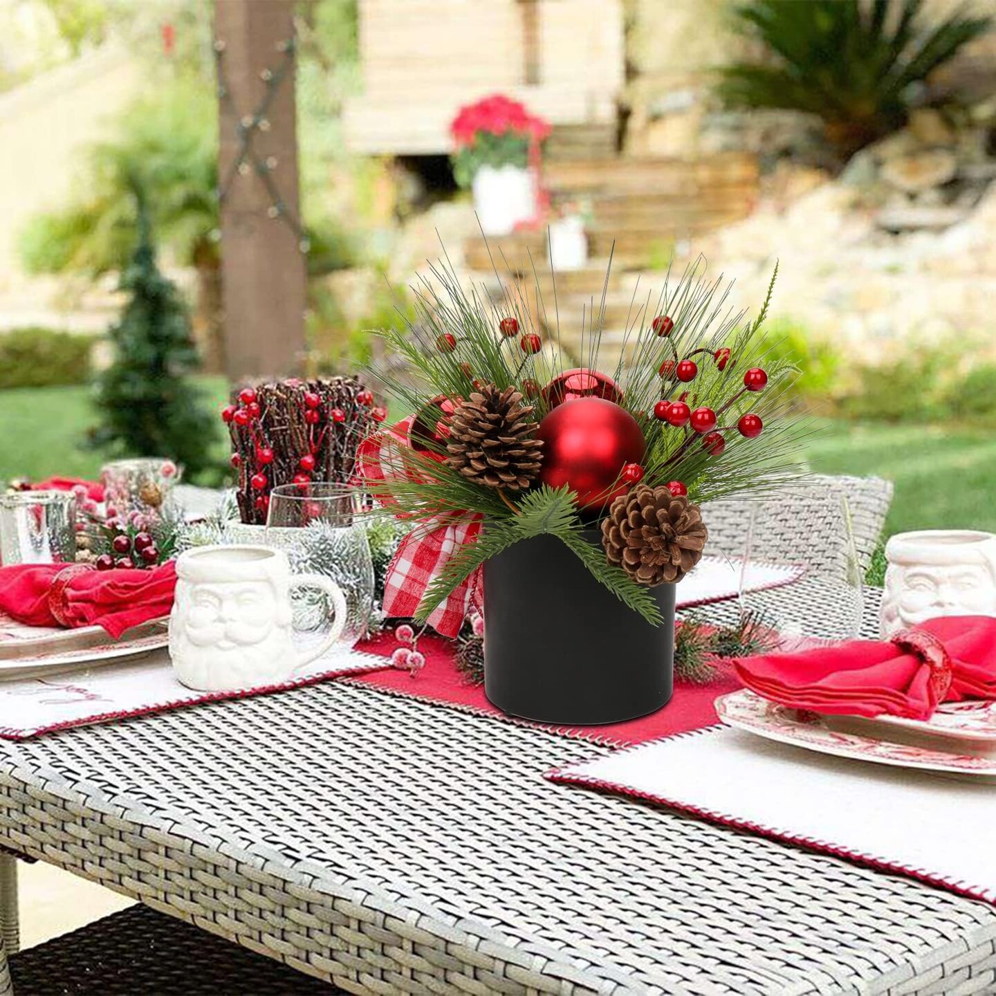 Potted with Pinecones Berries and Red Xmas Ball Ribbon Christmas Arrangements Centerpieces Ornaments in 4.7&#x27;&#x27; Black Ceramic Pot for Home Indoor Table