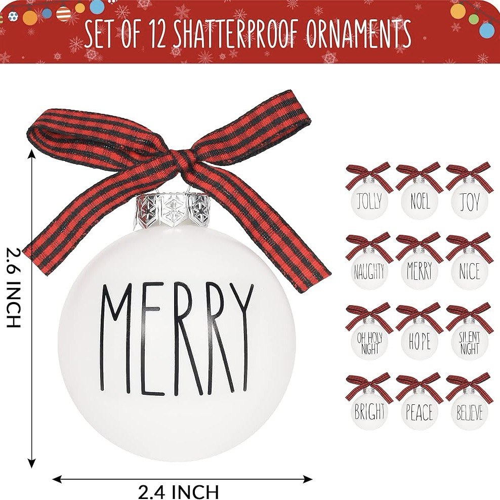 Set of 12 Christmas Ball Ornaments Shatterproof White Bulbs with Buffalo Plaid Bows Farmhouse Christmas Tree Decor Decorative Christmas Tree Hanging Ornaments