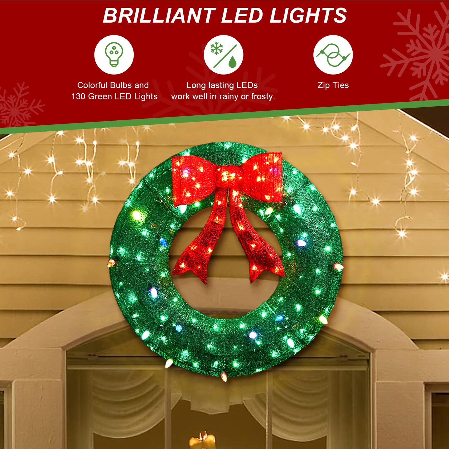 35.5&#x22;H Lighted Christmas 3D Mesh Wreath with Colorful Bulbs and 130 Green LED Lights