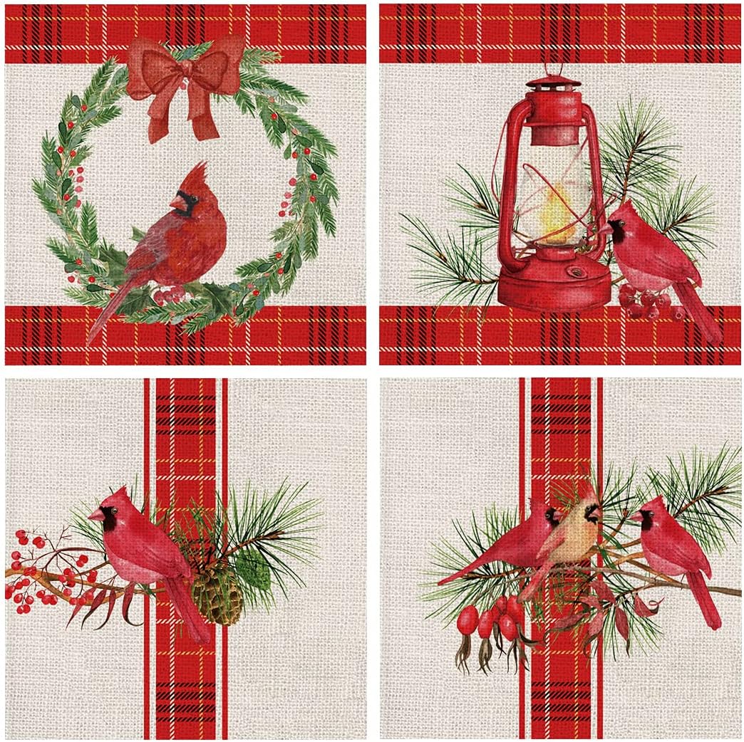 Christmas Pillow Covers 18 x 18 Inch Set of 4 Christmas Cardinal Red Buffalo Check Farmhouse Throw Pillowcase Party Decorations Winter Home Decor Case for Sofa Couch