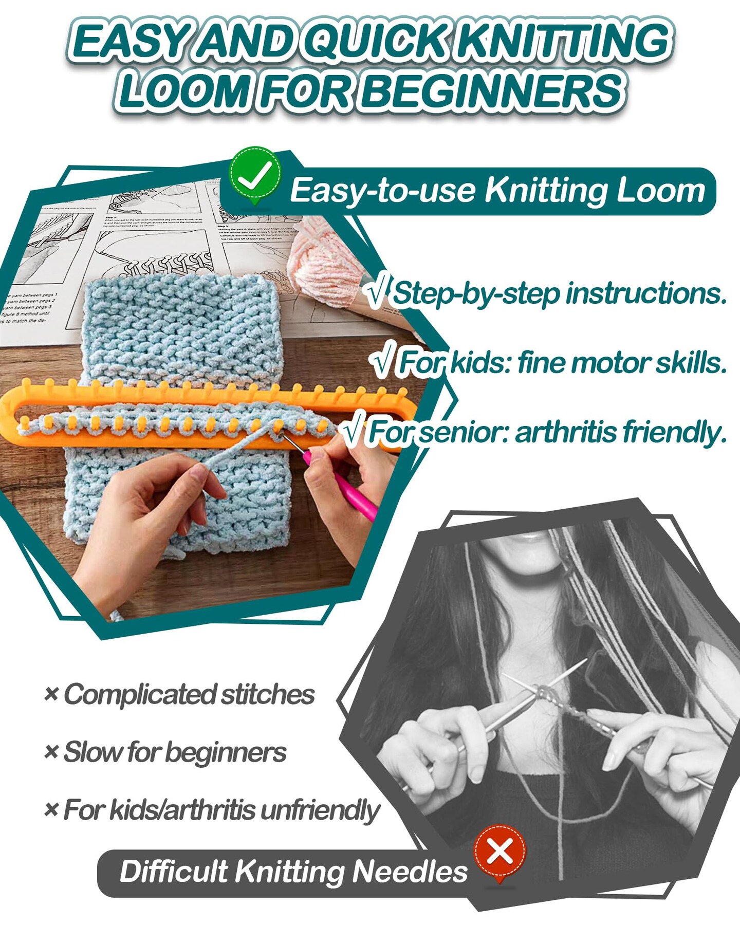 UCDRMA Knitting Loom Kit 35PC Scarf Loom Knitting Kit for Beginners, Quick Loom Knitting for Beginners Adult/Kids Contain Instructions, Pom Pom Maker and Yarn for Crochet Blanket Kit
