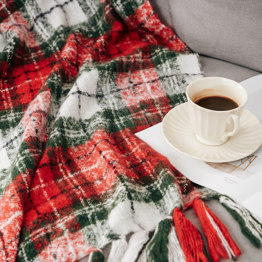Christmas Plaid Throw Blanket Green Red Super Soft Faux Cashmere with Tassels for Couch Sofa Halloween Home Decor 50in x 60in (Xmas)