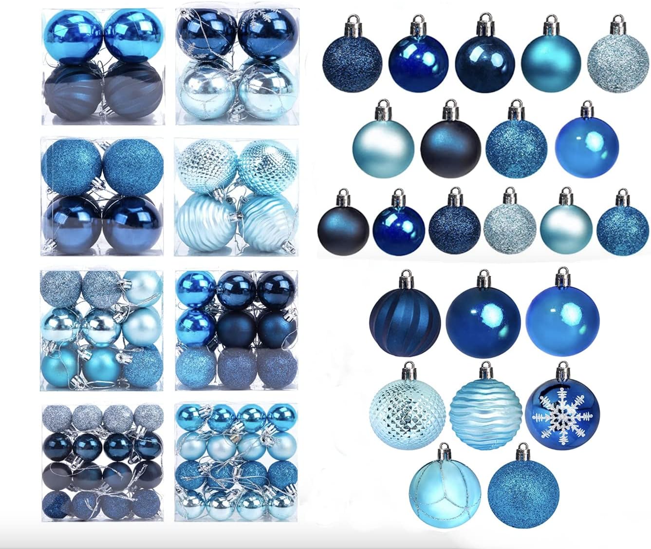 100PCS Shatterproof Blue Christmas Ornament Set - Glitter Balls for Tree Decor and Wreaths