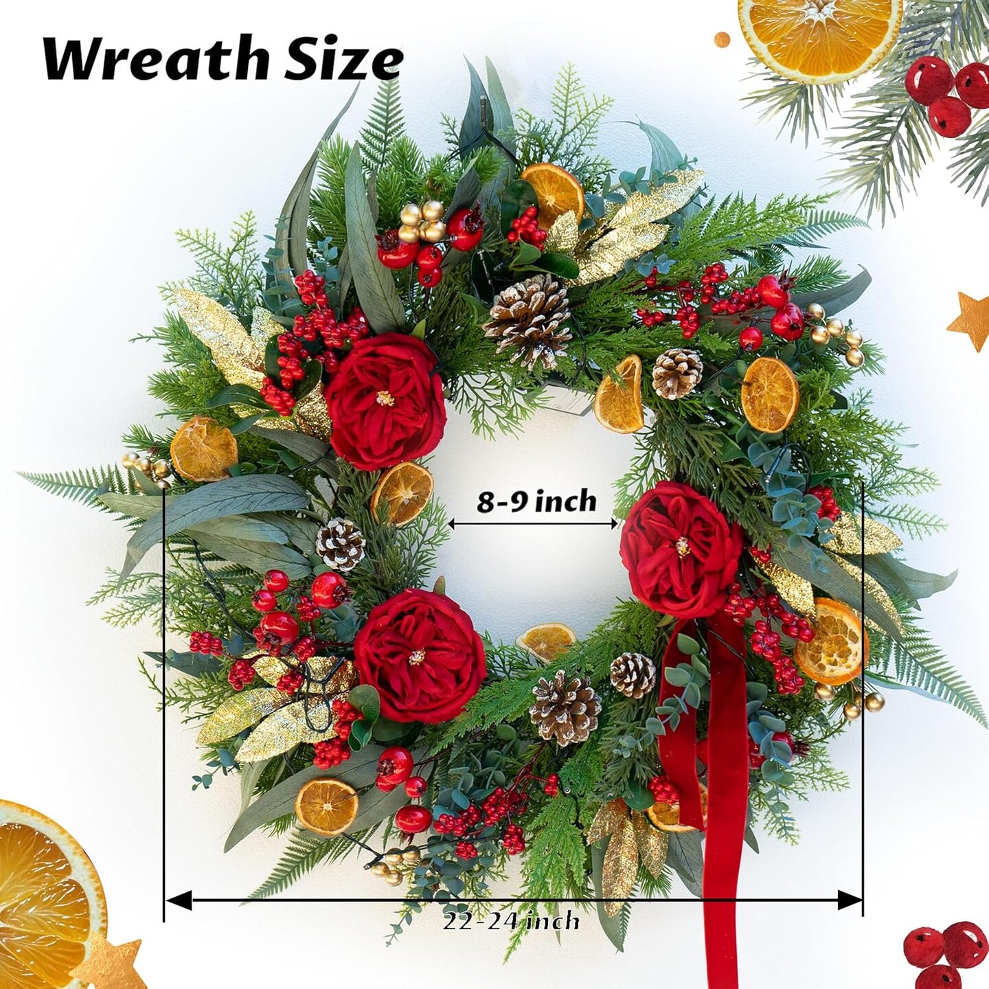 Pre-lit Christmas Wreath with Lights,24 Inch Outdoor Christmas Wreaths for Front Door,Green Eucalyptus Olive Leaves Winter Door Wreath with Pinecones,Red Flower-Lighted Xmas Holiday Wreath