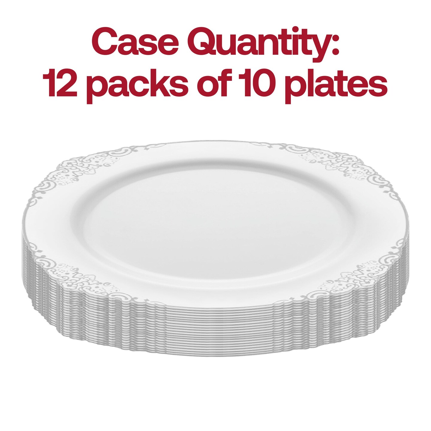 White with Silver Fancy Round Disposable Plastic Dinner Plates - 10.25" (120 Plates)