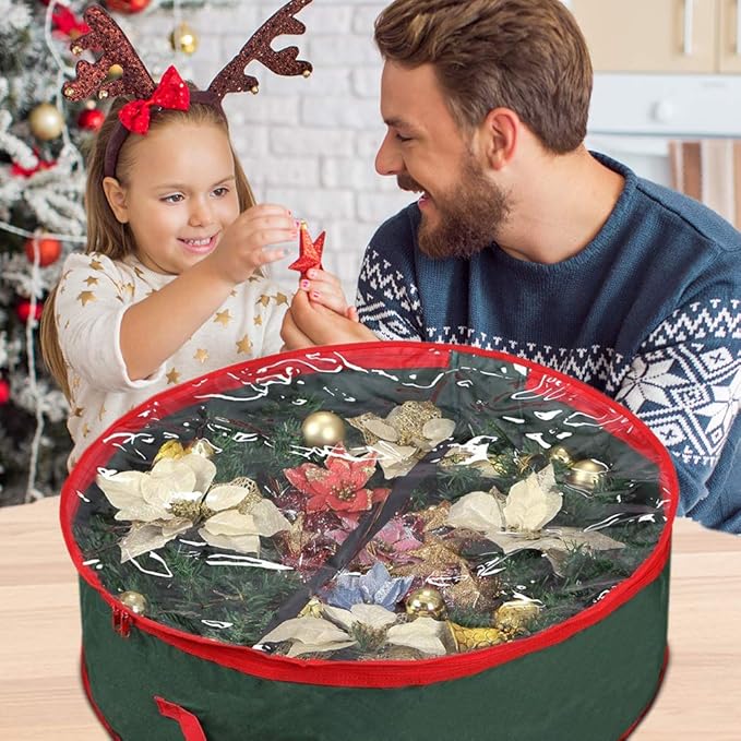 Christmas Wreath Storage Bag 24&#x22; | Garland Wreaths Container with Clear Window for Easy Holiday Storage | Durable 600D Oxford Material (Green)