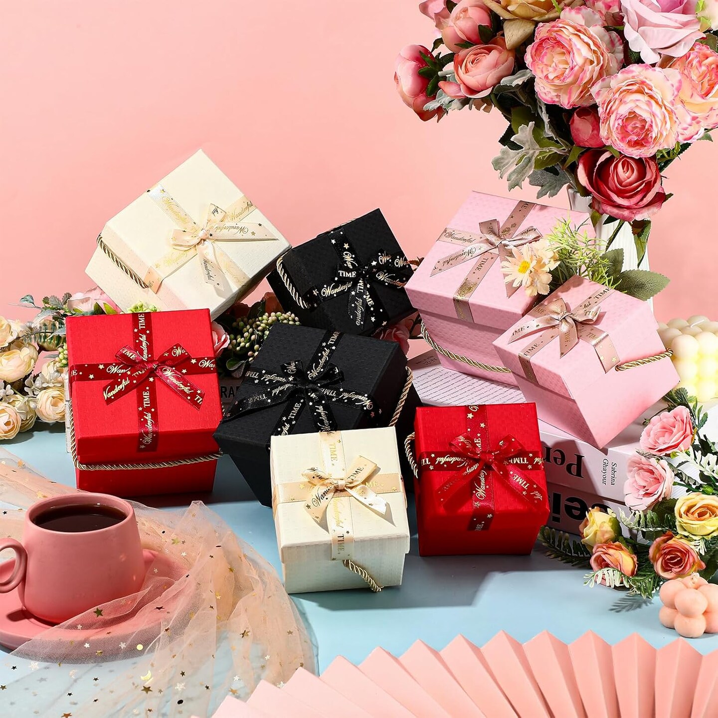 8 Pcs Christmas Boxes Decorative with Lid and Ribbon Nesting Gifts Boxes Assorted Sizes Multicolor Square Gift Wrapping Stacking Boxes for Xmas Wedding Anniversaries Birthday Party Presents