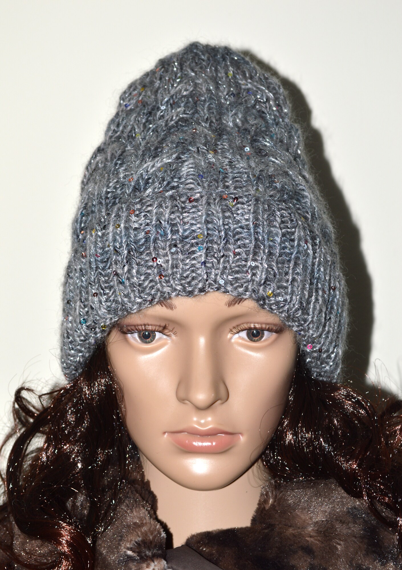 Hand Knitted Luxury Wool Mohair Lurex Sequins High Top  display picture 3