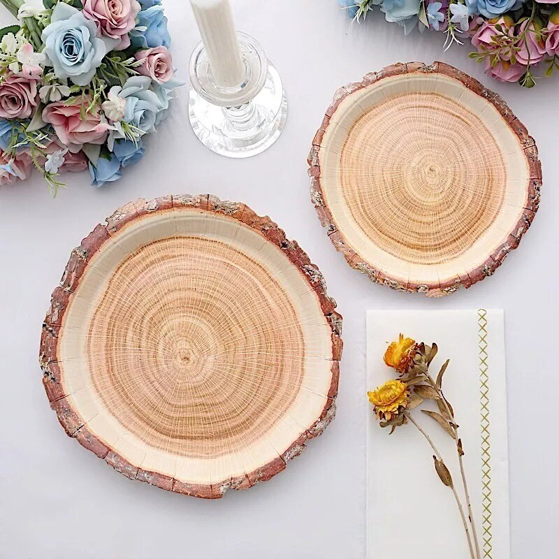 25 Natural 7 in Round Disposable Paper PLATES Wood Slice Design Party Events
