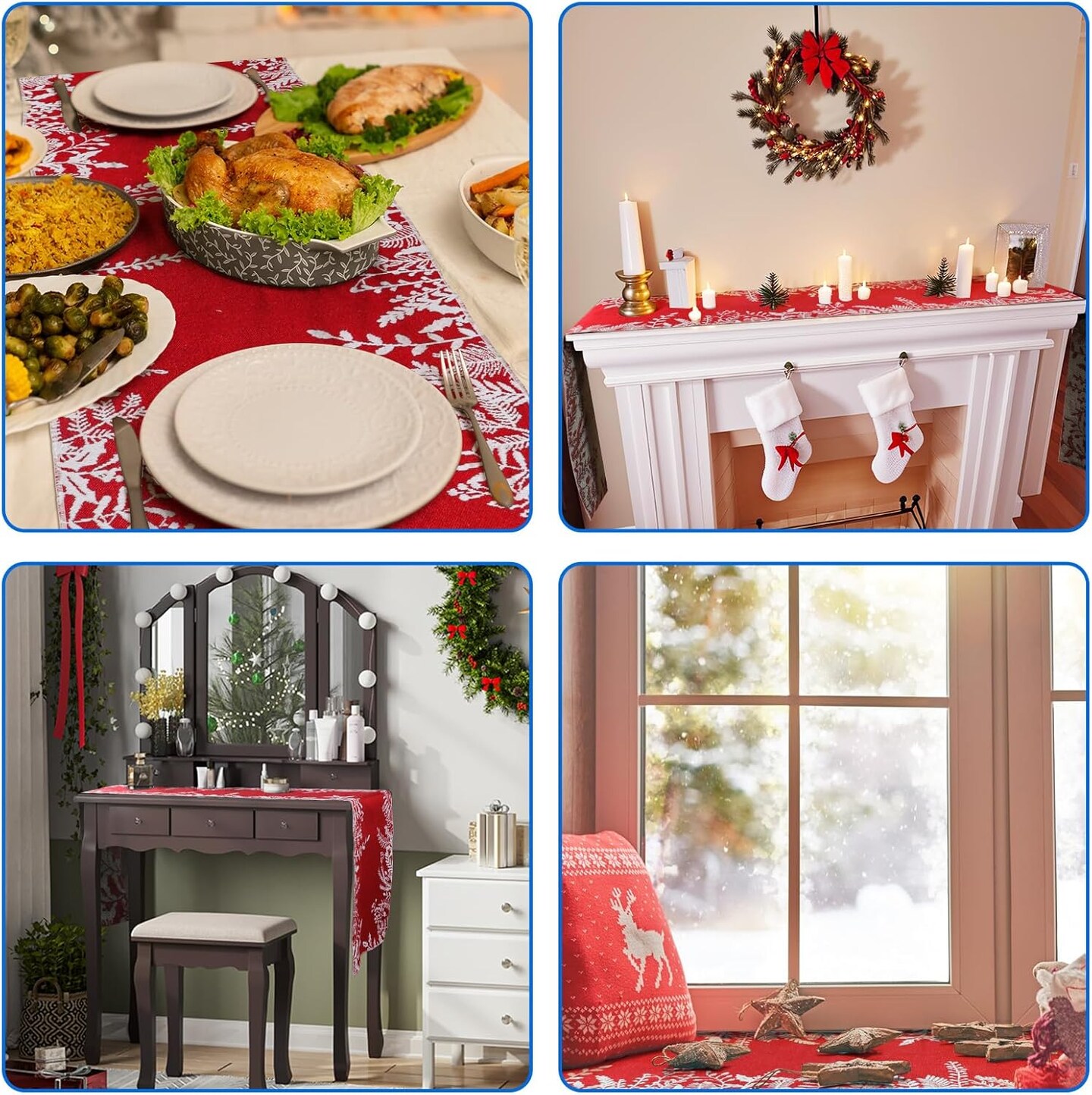 Christmas Table Runner Red Table Runner, Linen Holiday Table Runners 72 Inches Long, Holly Leaf Christmas Runner for Table Dining Kitchen Party Christmas Decorations Indoor Home Decor