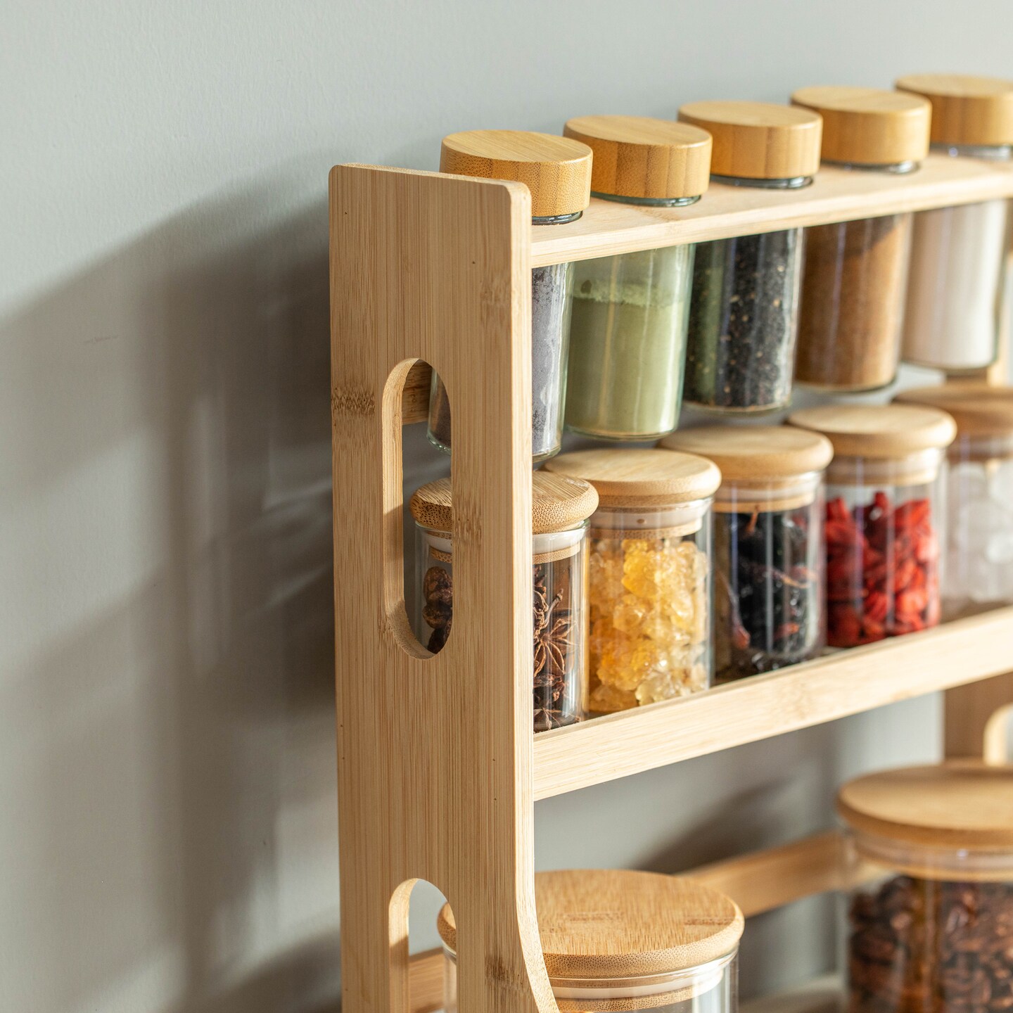 Basicwise Minimalist Two-Tier Bamboo Lazy Susan Turntable with 8 Pcs 12 oz Airtight Lid Glass Jars, Versatile Spice Rack Organizer, Perfect for Kitchen Countertops, Dining Tables, and Pantry Cabinets