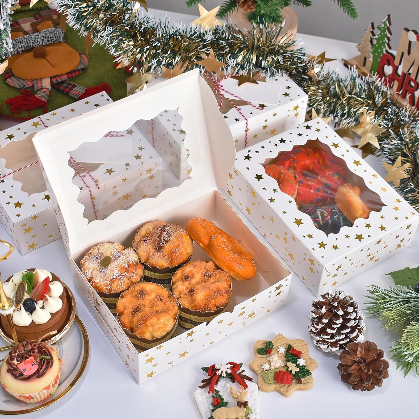 32Pcs 8x6x2.5 in Christmas Cookie Boxes with Window, White Bakery Boxes for Cookie, Treat Boxes Pastry Boxes for Gift Giving, Chocolate Covered Strawberries, Dessert, Donut, Cupcakes Muffins
