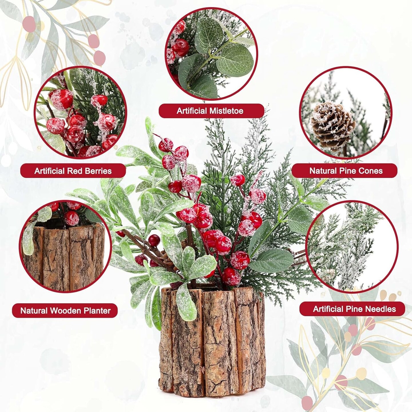 Potted Plants Christmas Picks and Sprays Fake Greenery Pine Needles Branches Red Berry Picks Stems for Home Office Christmas Decor