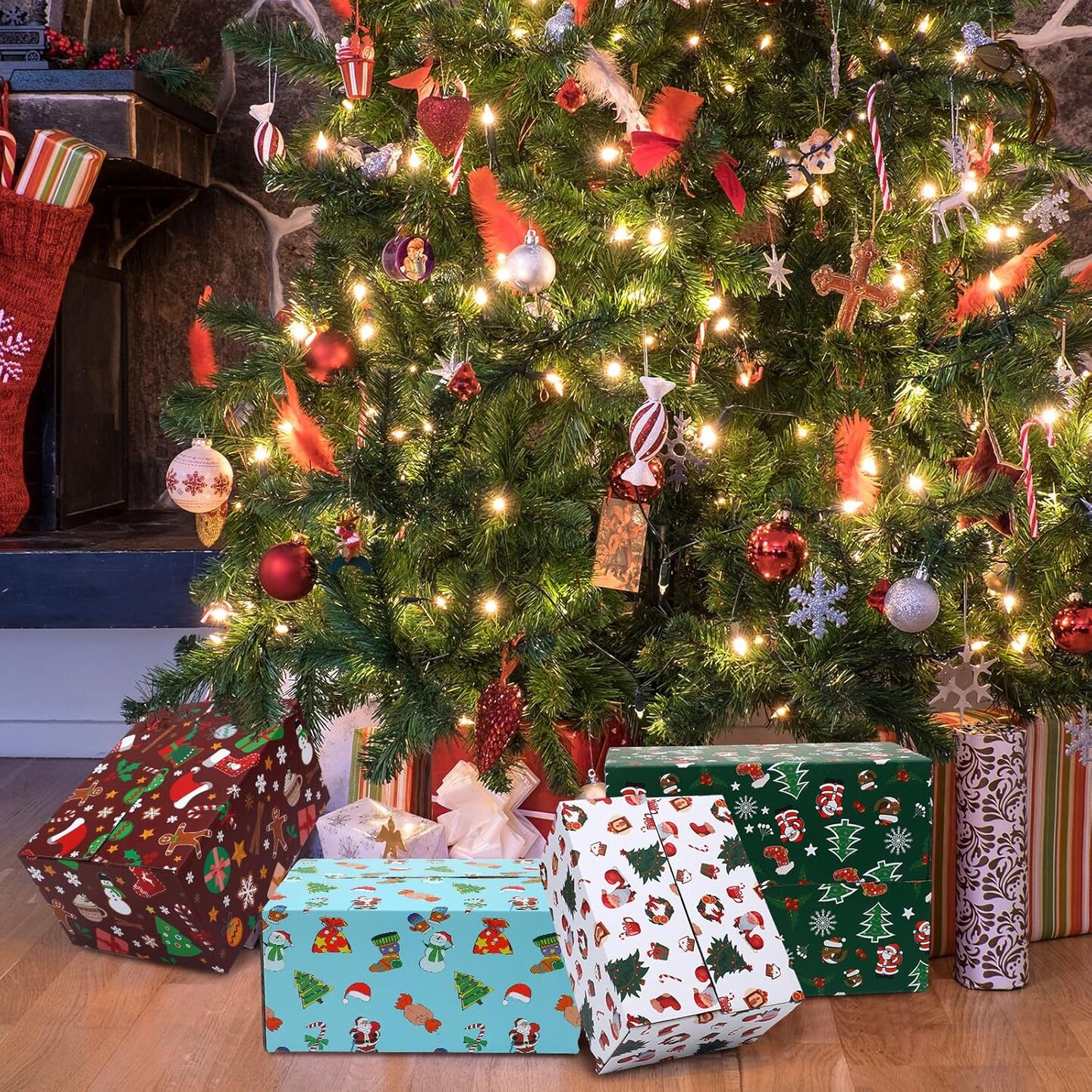 20 Pack Christmas Shipping Boxes Christmas Gift Boxes Decorative 4 Designs Empty Recyclable Cardboard Xmas Mix Pattern Christmas Box for Wrapping Holiday Present Small Business(8 x 6 x 4 In)