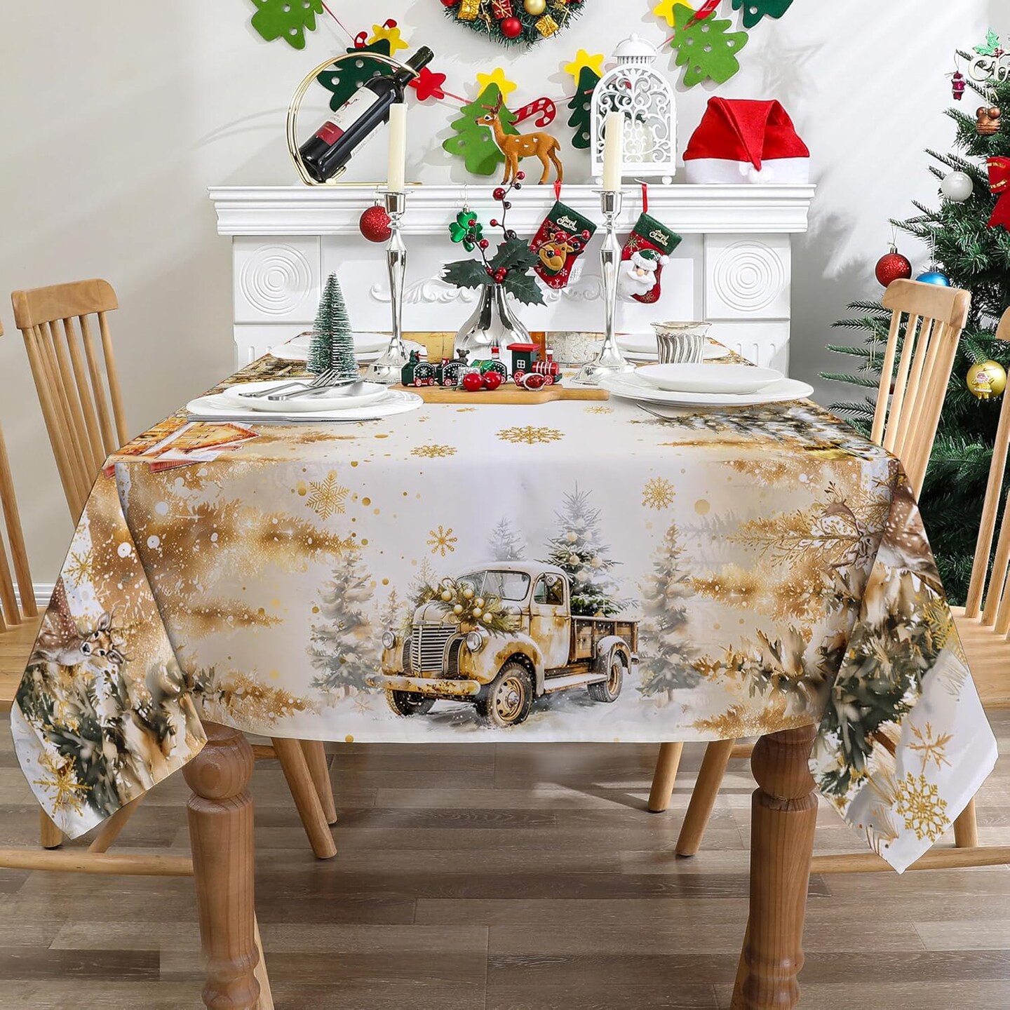 Christmas Tablecloth 60x84 Inches for Rectangle Tables - Truck and Snowman Christmas Decor - Water Resistant Gold Snowflake Xmas Table Cloth, Chrismtas Party Decorations for Kitchen, Home