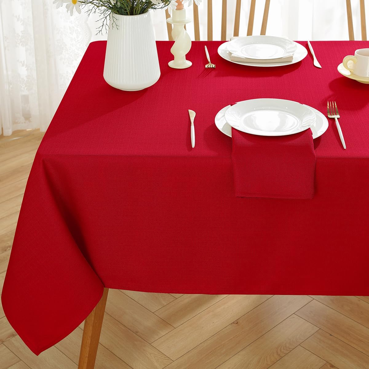 Christmas Tablecloth Rectangle Waterproof Wrinkle Fee Textured Fabric Table Cloth, Soft Faux Linen Table Cover for Xmas, Holiday, Winter, Party, Banquet (52 x 70 Inch Rectangular, Red)
