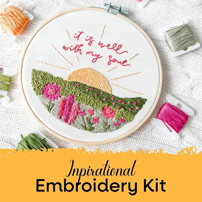 Embroidery Hoop, Easy Embroidery Kit for Beginners and Adults, Full Embroidery Hoop Kit with Needles and Thread Included (It is Well)