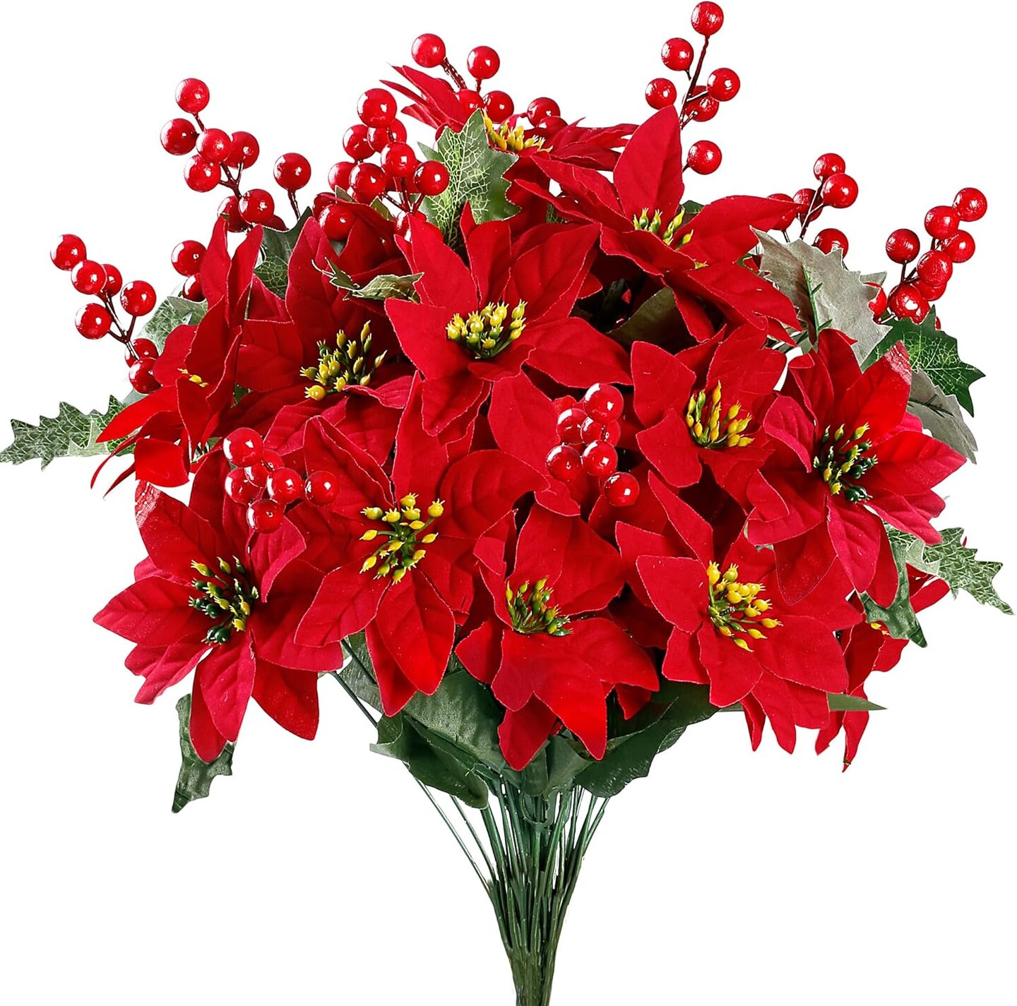 Poinsettia Bush Christmas Flowers Holly Berry Stems with Red Berries Holly Leaves for Home Porch Garden Indoor Outdoor Holiday Xmas Decorations (Pack of 6)