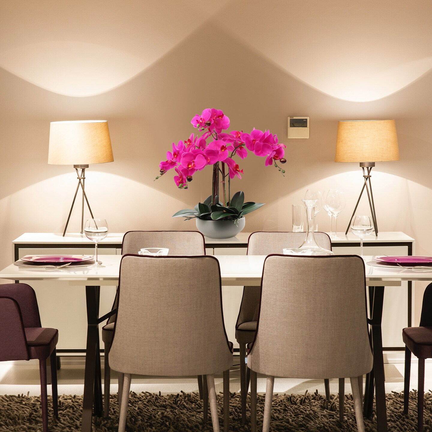 20" Fuchsia Phalaenopsis Orchid in Round Grey Pot – Beautiful Artificial Flowers with Natural Leaf Details, Elegant Decor for Homes, Offices, and Special Occasions