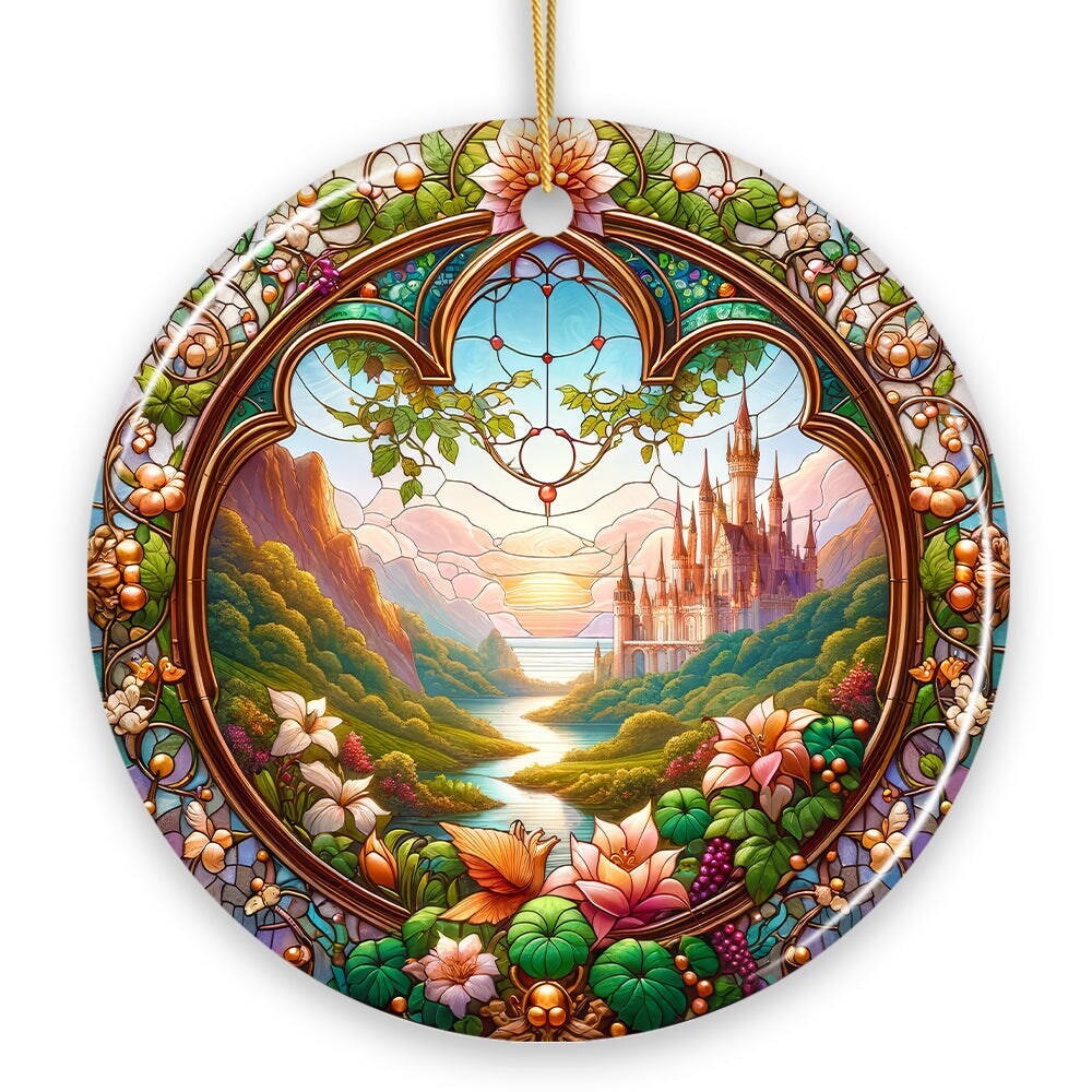 Castle Art with Lush Forest Stained Glass Style Ceramic Ornament, Christmas Gift and Decor