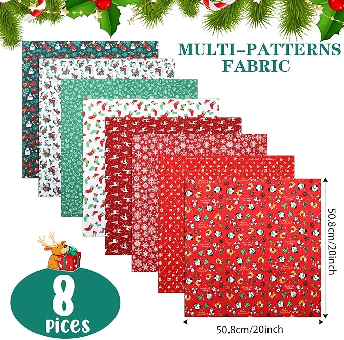 8 Pcs 20 x 20 Inches Christmas Fabric Quilting Christmas Fabric Bundles Precut Fabric Squares Christmas Printed Fabric Scraps for DIY Sewing Crafts Project Patchwork Dress Apron