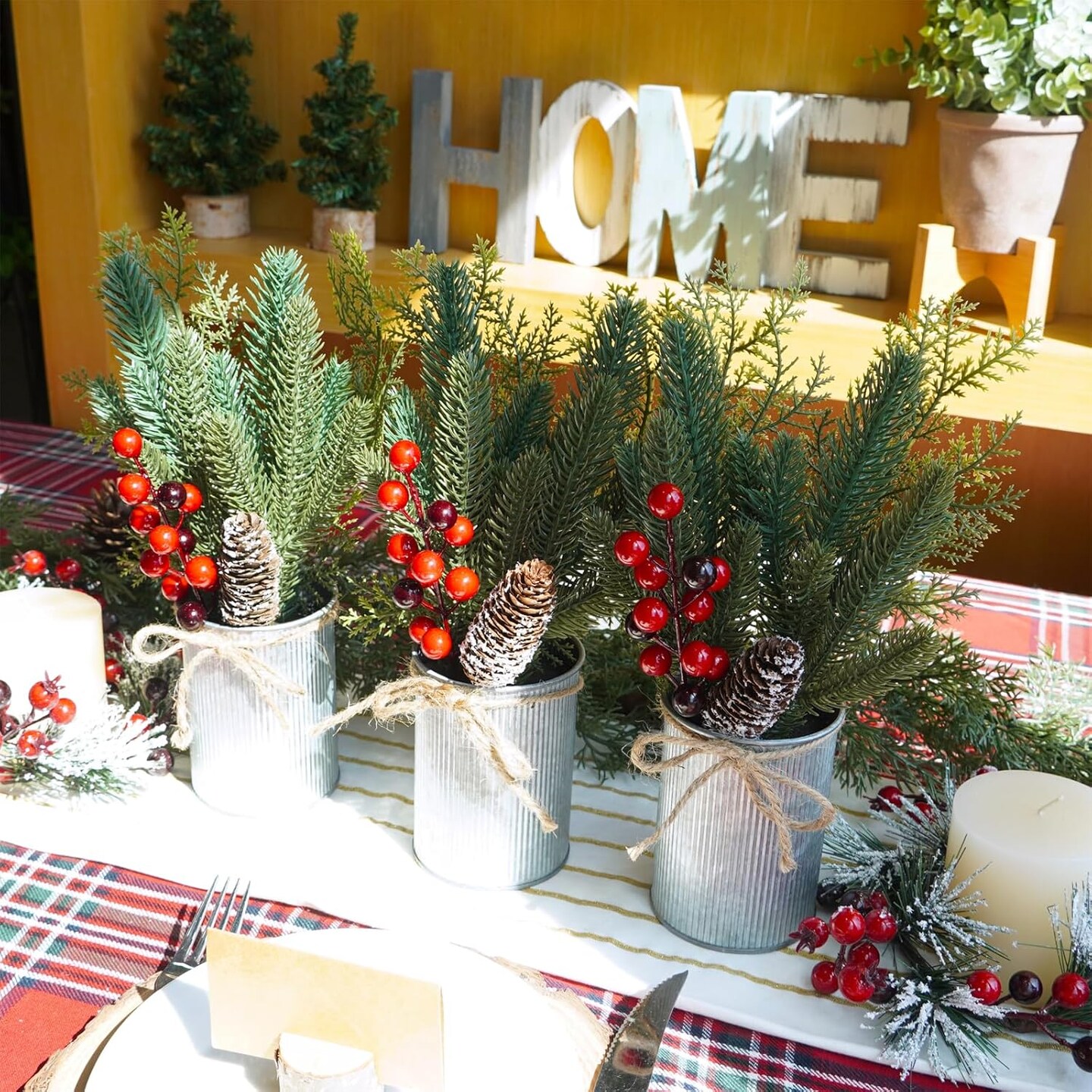 3 Pack Christmas Artificial Potted Plants Christmas Greenery Red Berry and Snowy Pinecone in Small Rustic Galvanized Metal Pot Farmhouse Centerpiece for Holiday Winter Home Tiered Tray Tabletop