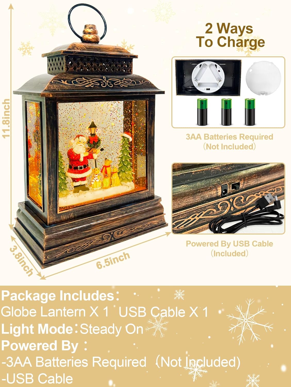 Christmas Snow Globe Lantern Musical Lighted with Timer, Santa Claus Water Lantern Glittering Holiday Decor Gift, Battery Operated &#x26; USB Glitter Lantern (Santa Claus and Christmas Tree)