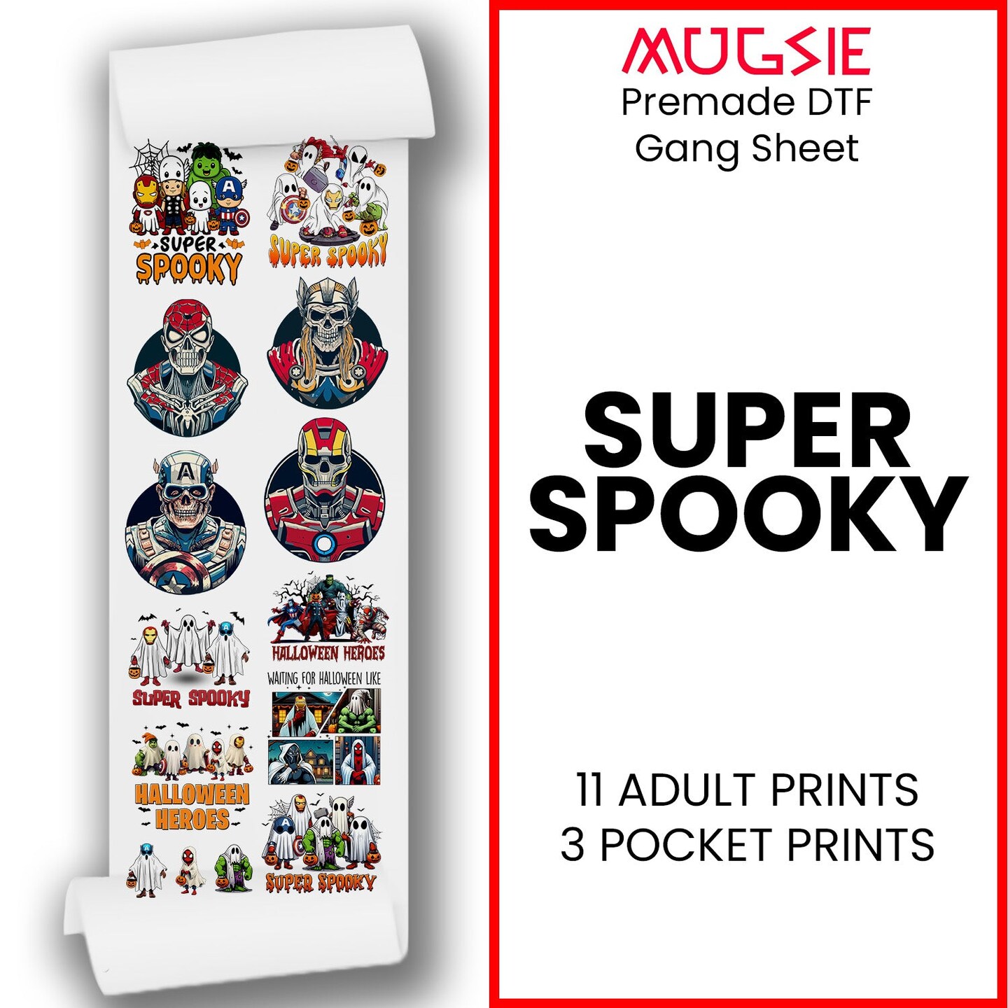 Super Spooky Halloween DTF Transfers 22x60 Direct-to-Film Gang Sheets Iron On Transfers - 11 Adult Prints And 3 Pocket Prints