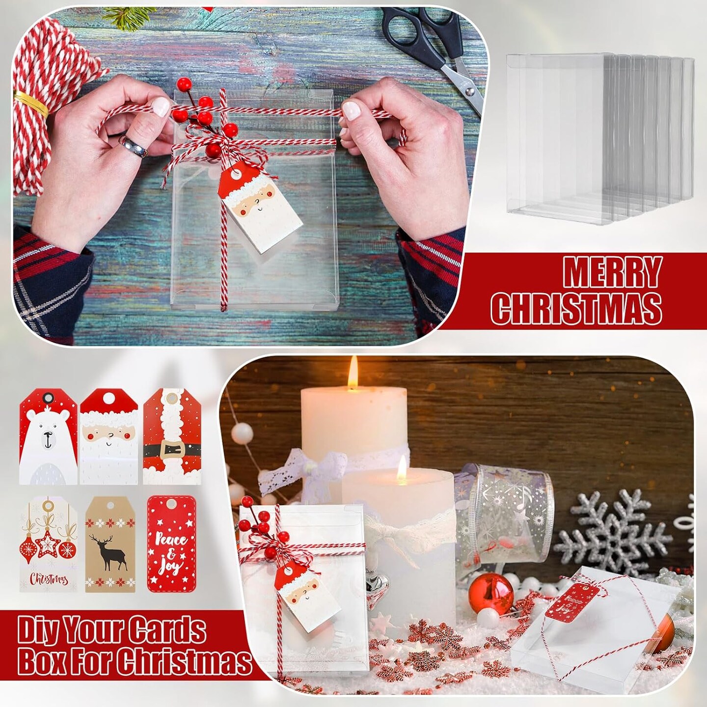 Boxes PET Plastic Crystal Storage Box with Christmas Tags, Red and White Twine, Decorative Berries, 5.39 x 7.36 x 1 Inch Photo Transparent Box Greeting Card