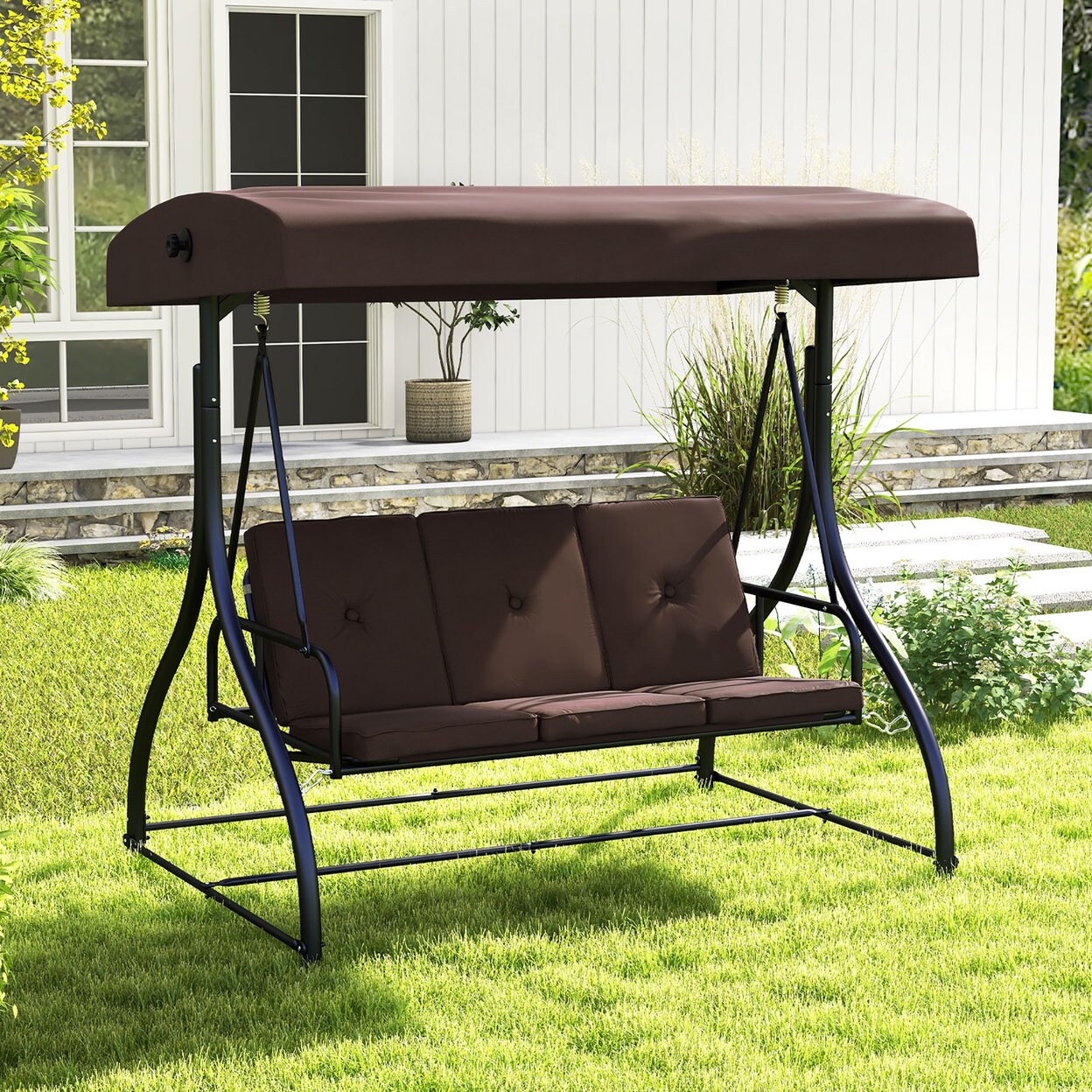 Converting Patio Swing Chair Porch Swing Bed W/Adjustable Canopy And Thickened Cushion