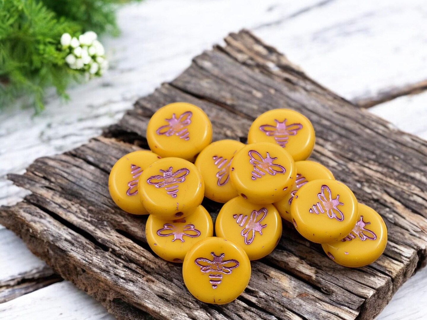 *12* 12mm Metallic Pink Washed Marigold Yellow Bee Coin Beads