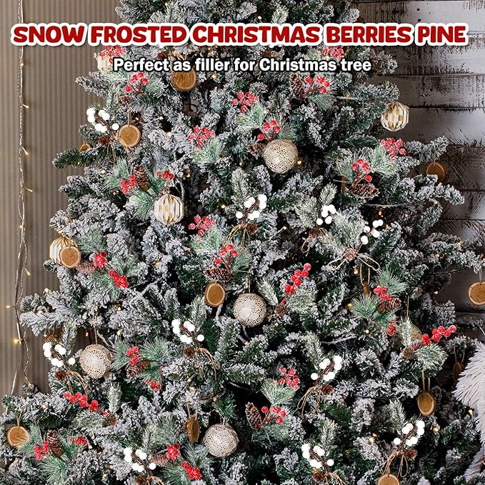 Artificial Pine Branches with Snow Spray Red Berry Stems Pine Needles Faux Pine Picks Snow Floral Pine Cones for DIY Crafts Christmas Tree Garland Wreath Holiday Decor