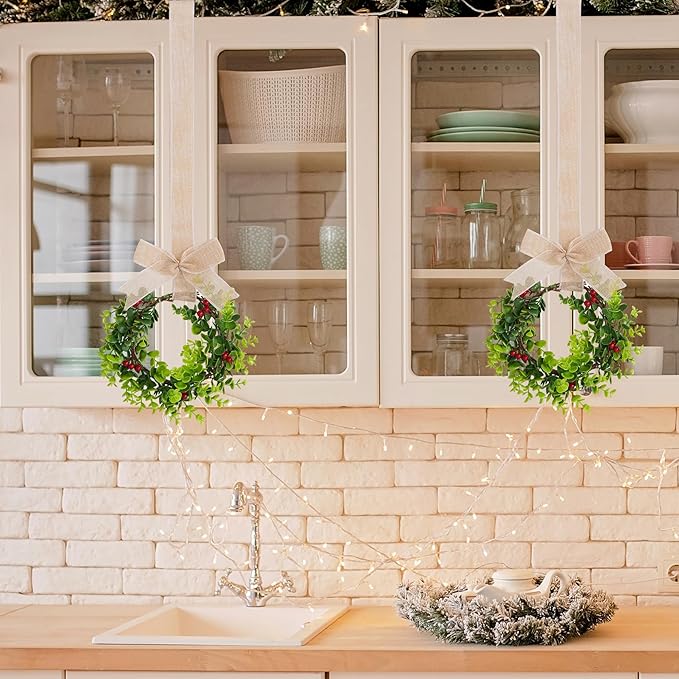 2Pcs Mini Christmas Wreaths Cabinet Wreaths Small Green Hanging Wreath Christmas Ornament for Cabinets Winter Holiday Home Outdoor Indoor Window Christmas Tree Crafts Decorations 25 x 10 Inch