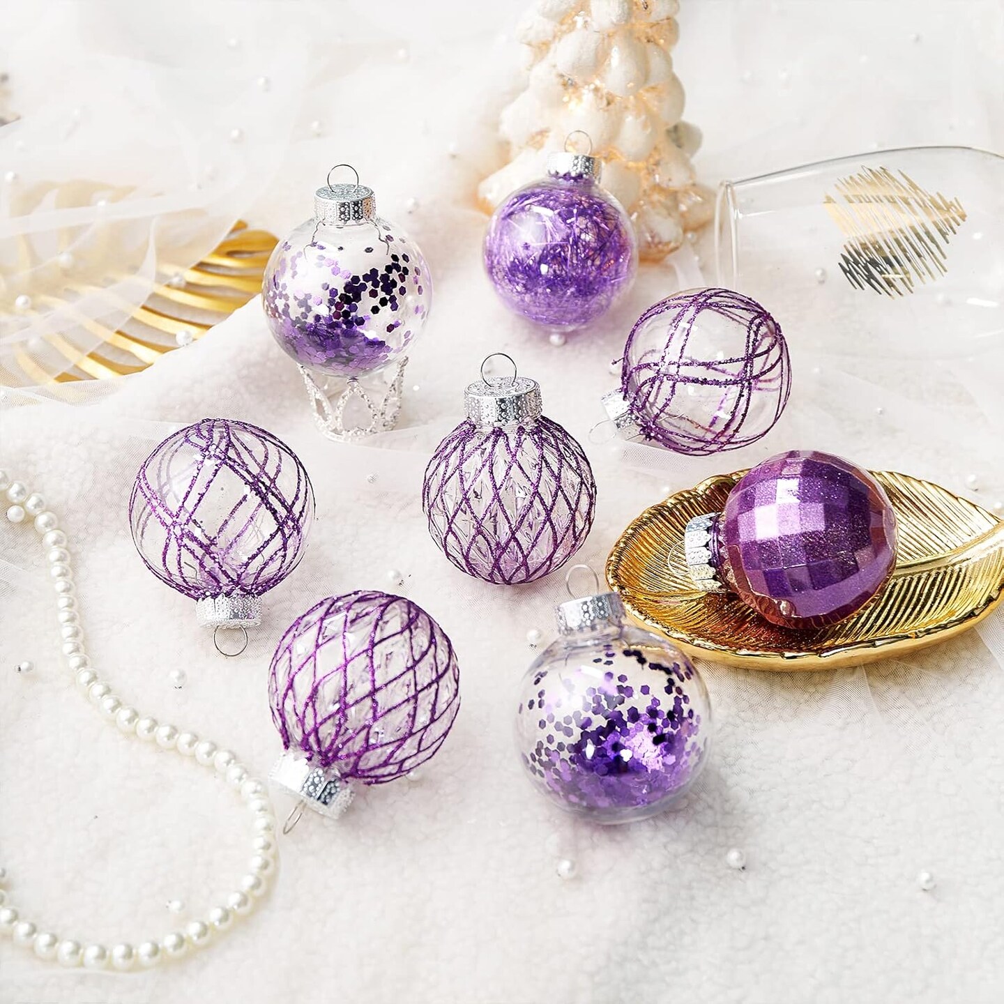 30ct Christmas Ball Ornaments-60mm/2.36&#x22; Shatterproof Clear Plastic Xmas Balls Baubles Set with Stuffed Delicate Sparkling, Hanging Christmas Tree Decorations (Purple)