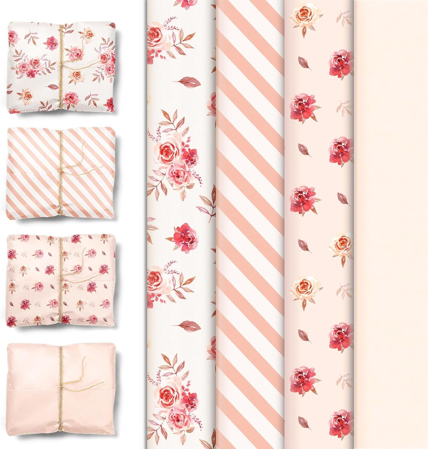 Rose Gold Christmas Tissue Wrapping Paper 24 Sheets, Vintage Flower Pink Boho Gift Wrap Tissue 20X15, Tissue Gift Wrap Paper Bulk for Valentine Birthday Girl&#x27;S Party Decoration