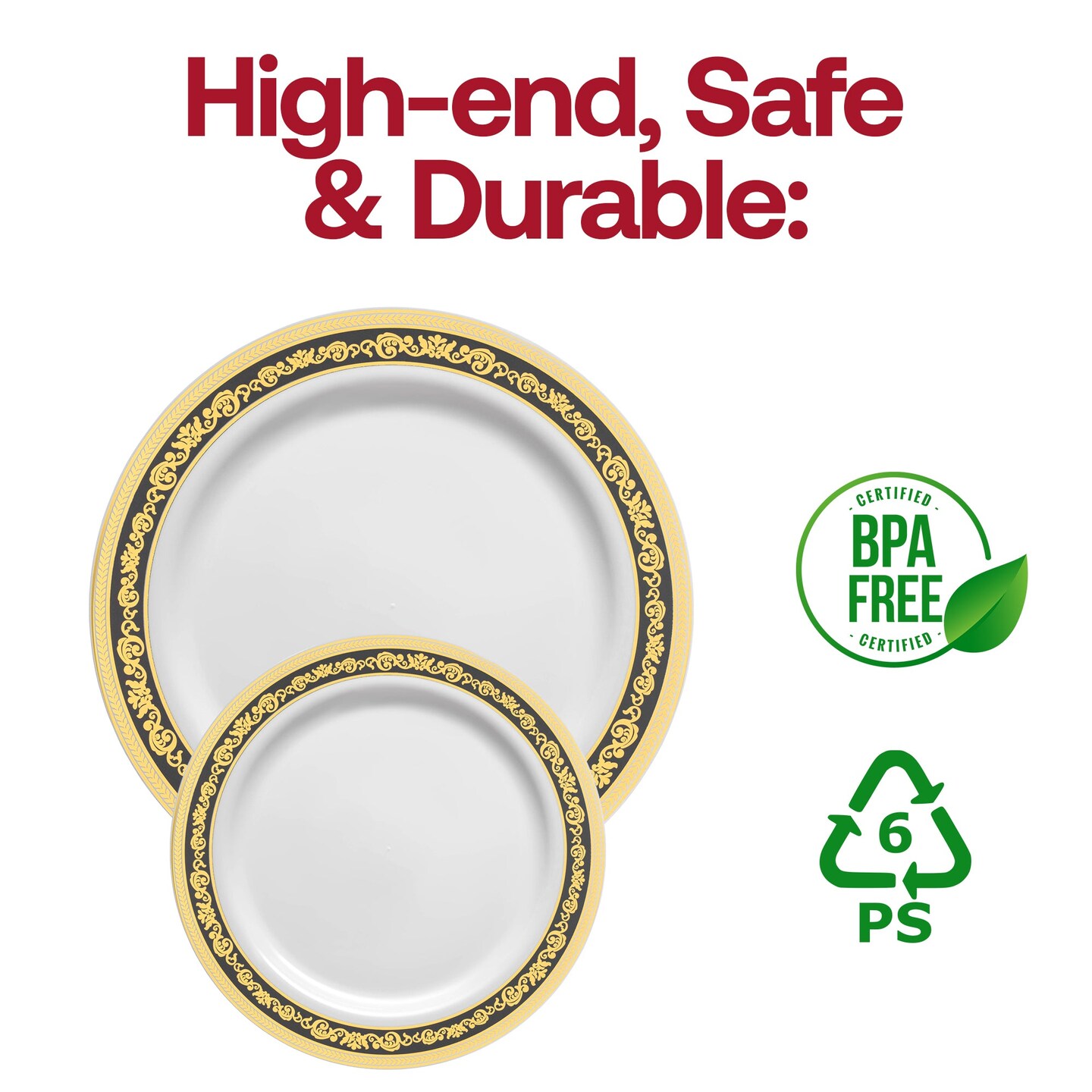 White with Black and Gold Royal Rim Plastic Dinner Plates - 10.25&#x22; (120 Plates)
