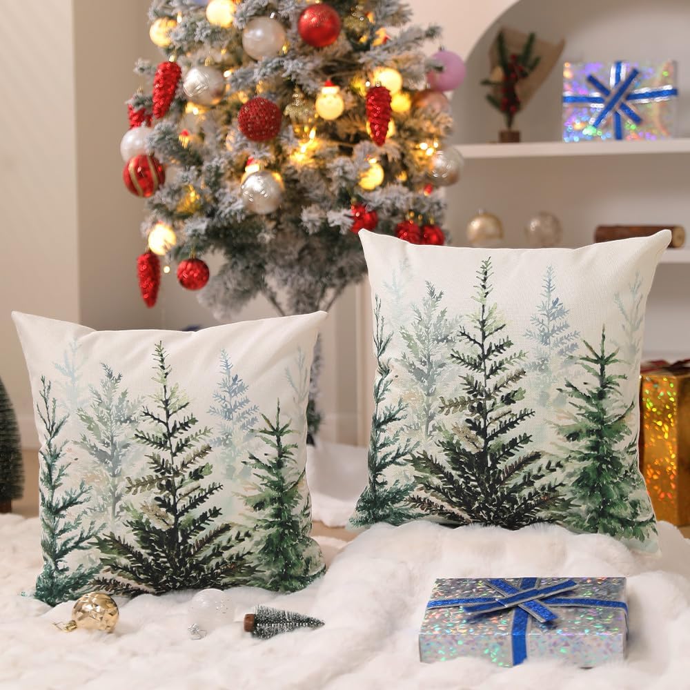 Christmas Pillow Covers 18x18 inch Set of 2 Watercolor Blue Green Christmas Tree Rustic Style Nature Forest Print Decorative Throw Pillows Winter Christmas Decor TH-32B18