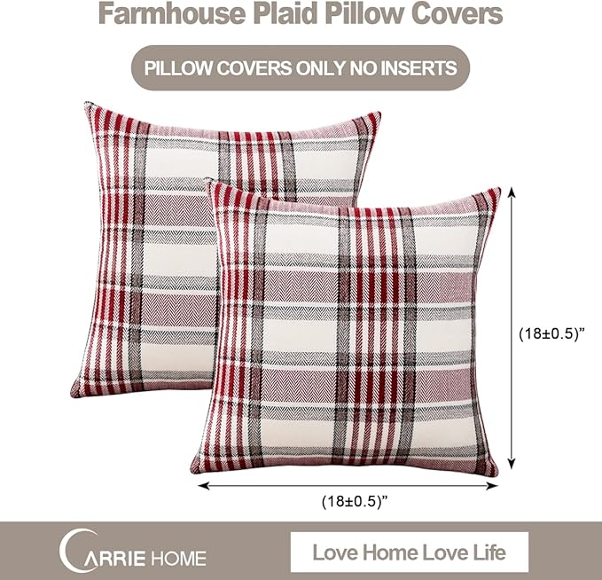 Red Christmas Tartan Plaid Pillow Covers 18x18 Set of 2 Farmhouse Buffalo Plaid Red Striped Throw Pillow Cover for Living Room Couch Sofa