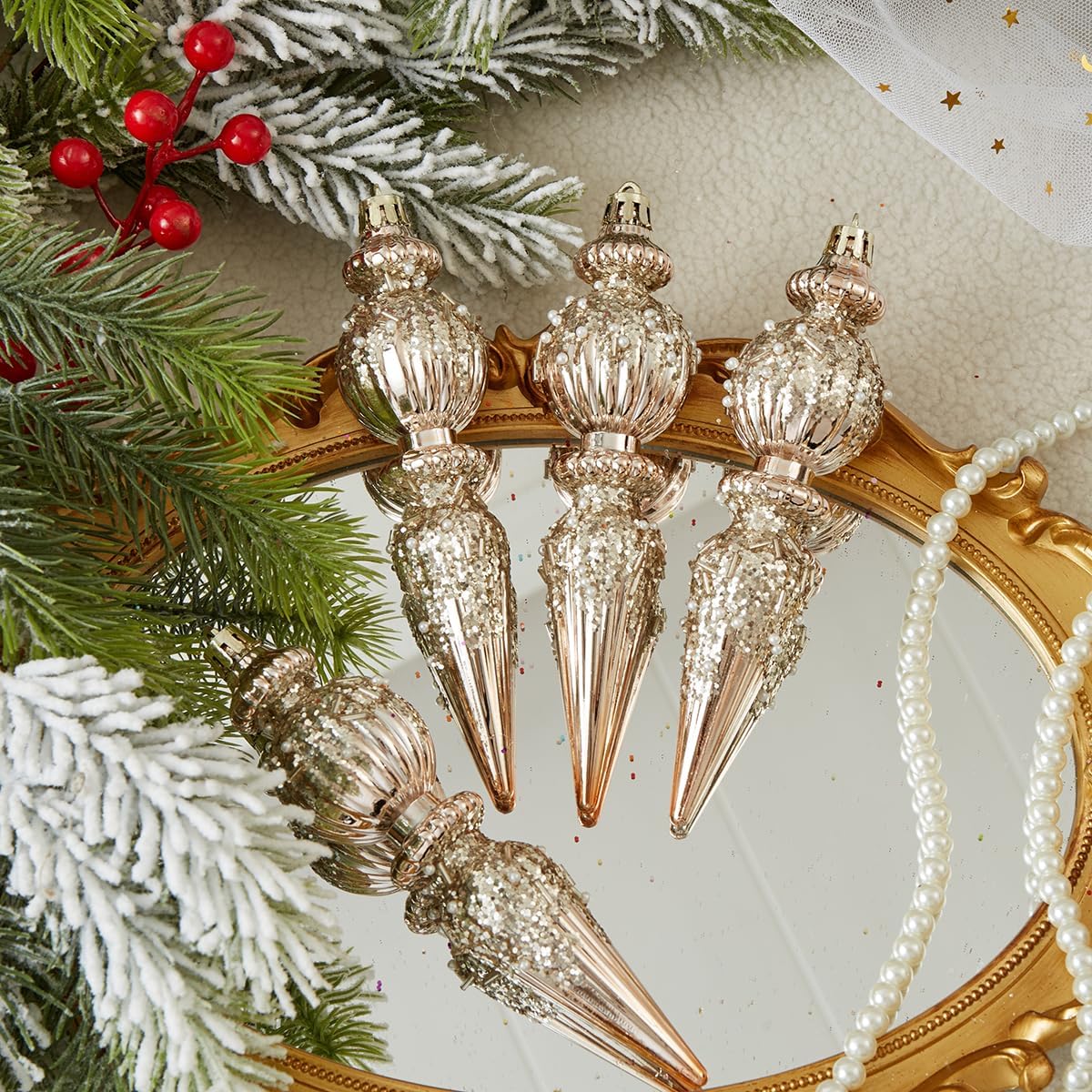 6 Pack Christmas Ornaments Set, Champagne Plastic Shatterproof Christmas Ball Hanging Ornaments for Xmas Tree Decorations(6.7Inch)