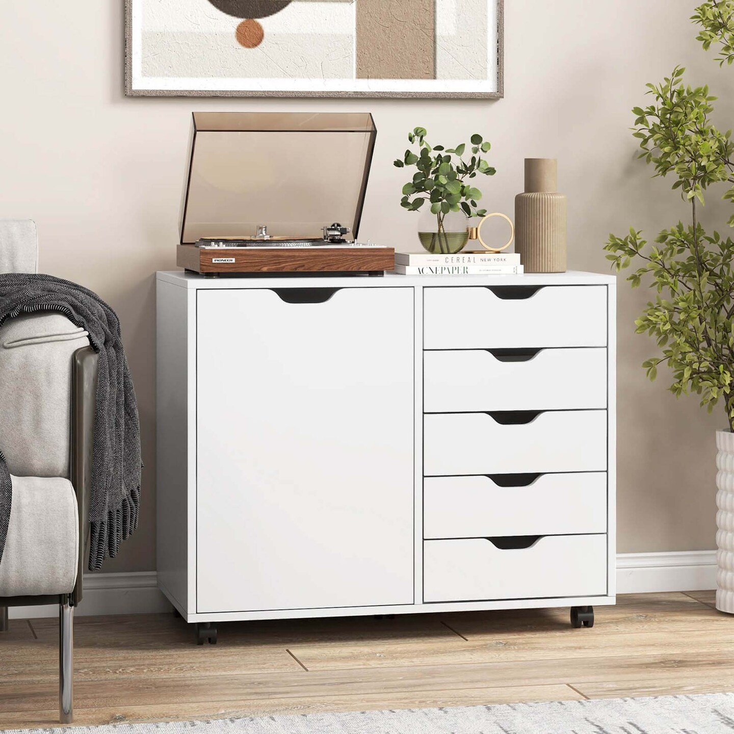 Costway 5-Drawer Chest Rolling Storage Dresser Lateral File Cabinet with Adjustable Shelf
